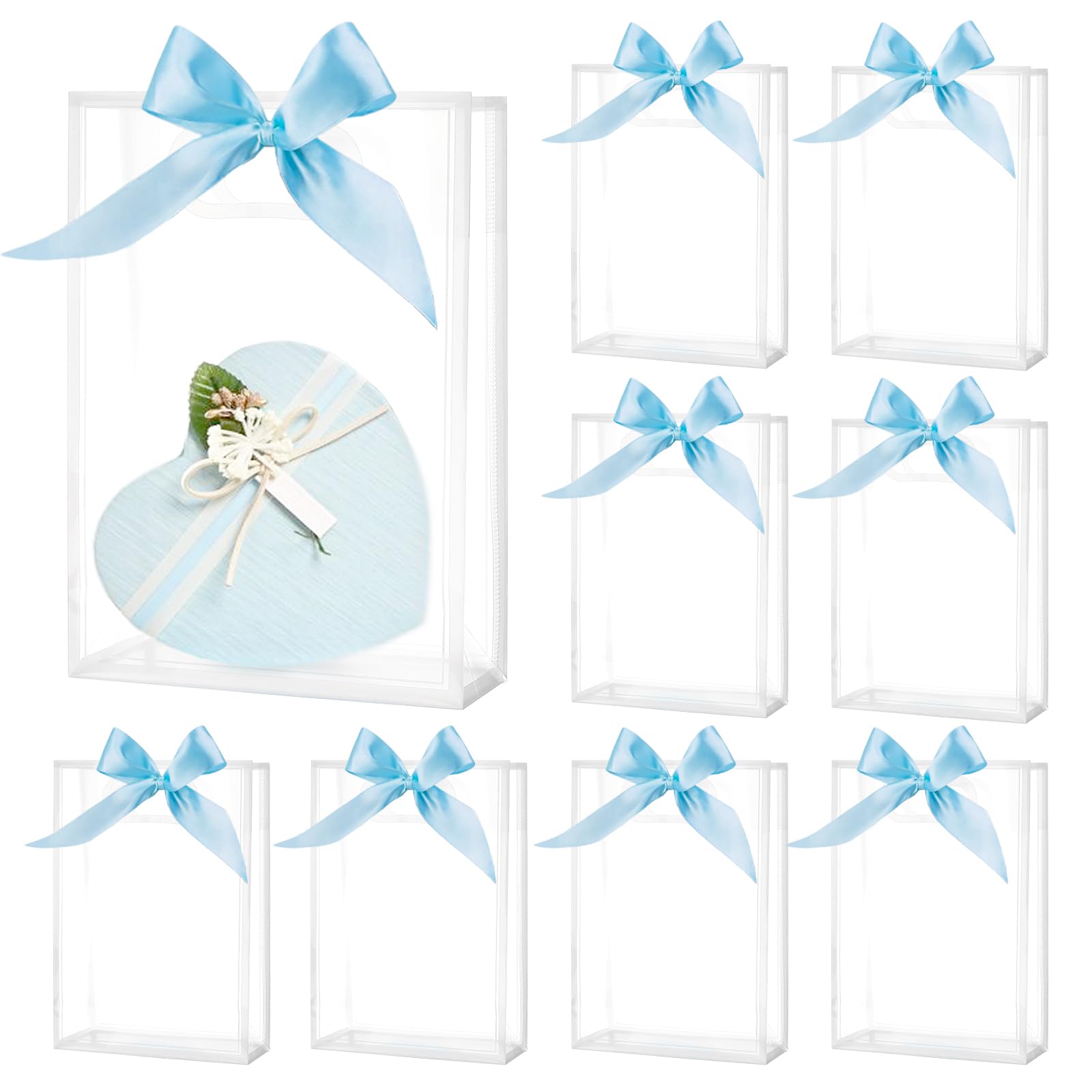 Medium Gift Bags with Handle, 8 PCS PVC Clear Gift Bag with Ribbon Bow for Christmas Easter Wedding Baby Shower Birthday Party (Blue)