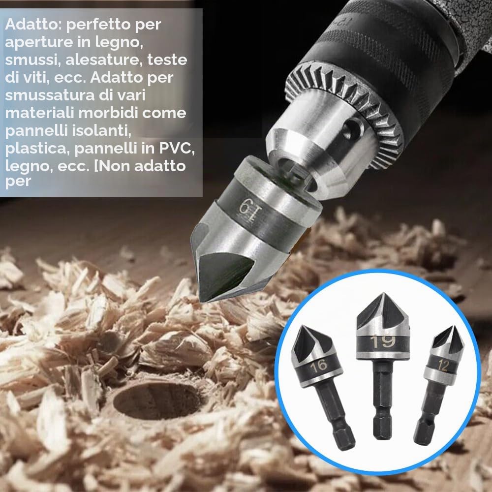 3 Pezzi Hex Countersink Drill Bit Set 5 Flute Gambo Esagonale Punte Trapano Trapano a 5 Taglienti a 90 Gradi Possono Essere Utilizzate Legno e Metallo (12/16/19mm)