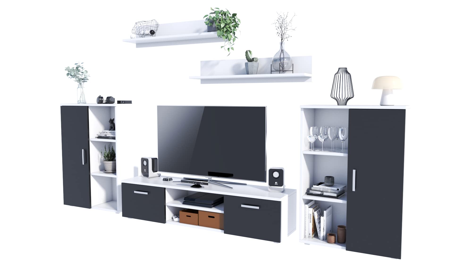 MATKAM Wohnwand Herkules II, Schrankwand Wohnzimmer Modern, Wohnzimmerschrank mit Fernsehtisch, Sideboard und Wandregal Wohnzimmer Komplett Möbel (Weiß/Schwarz)