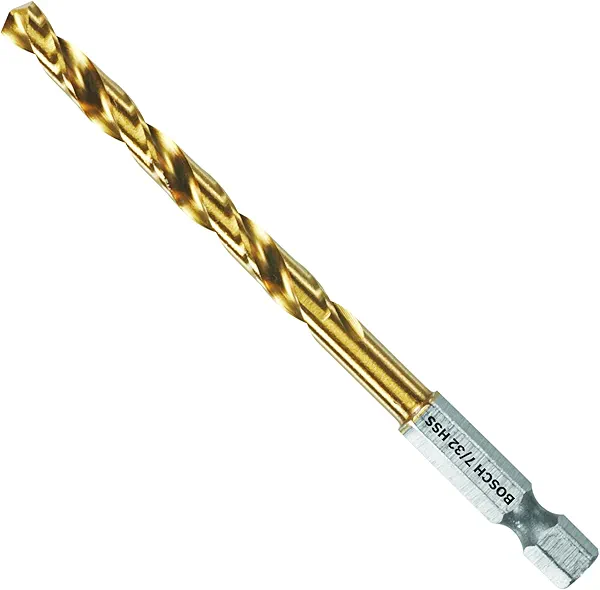 BOSCH TI2141IM 1-Piece 7/32 in. x 3-3/4 in. Titanium Nitride Coated Metal Drill Bit Impact Tough with Impact-Rated Hex Shank Ideal for Heavy-Gauge Carbon Steels, Light Gauge Metal, Hardwood