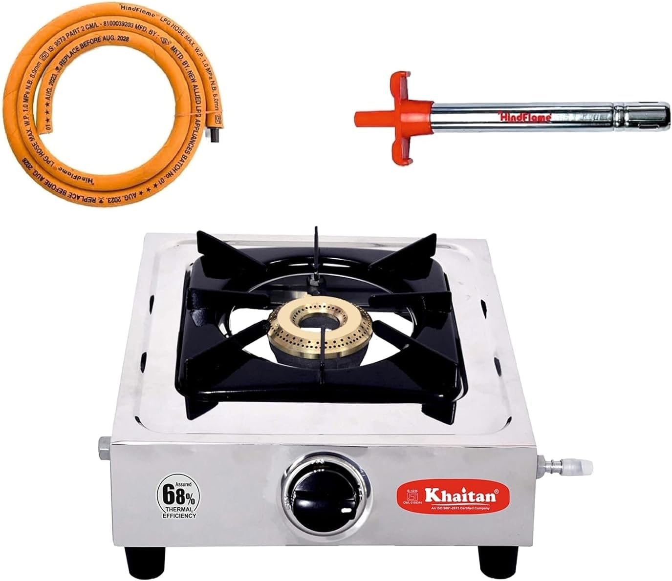 Khaitan Combo - 1 unit Khaitan 1 Burner Classic Stainless Steel Manual Gas Stove+ 1 unit HF Kitchen Lighter + 1 unit HF LPG Hose Pipe (1.5 mtr) (1 Bur (1B Classic & Hose Pipe, Lighter Combo)