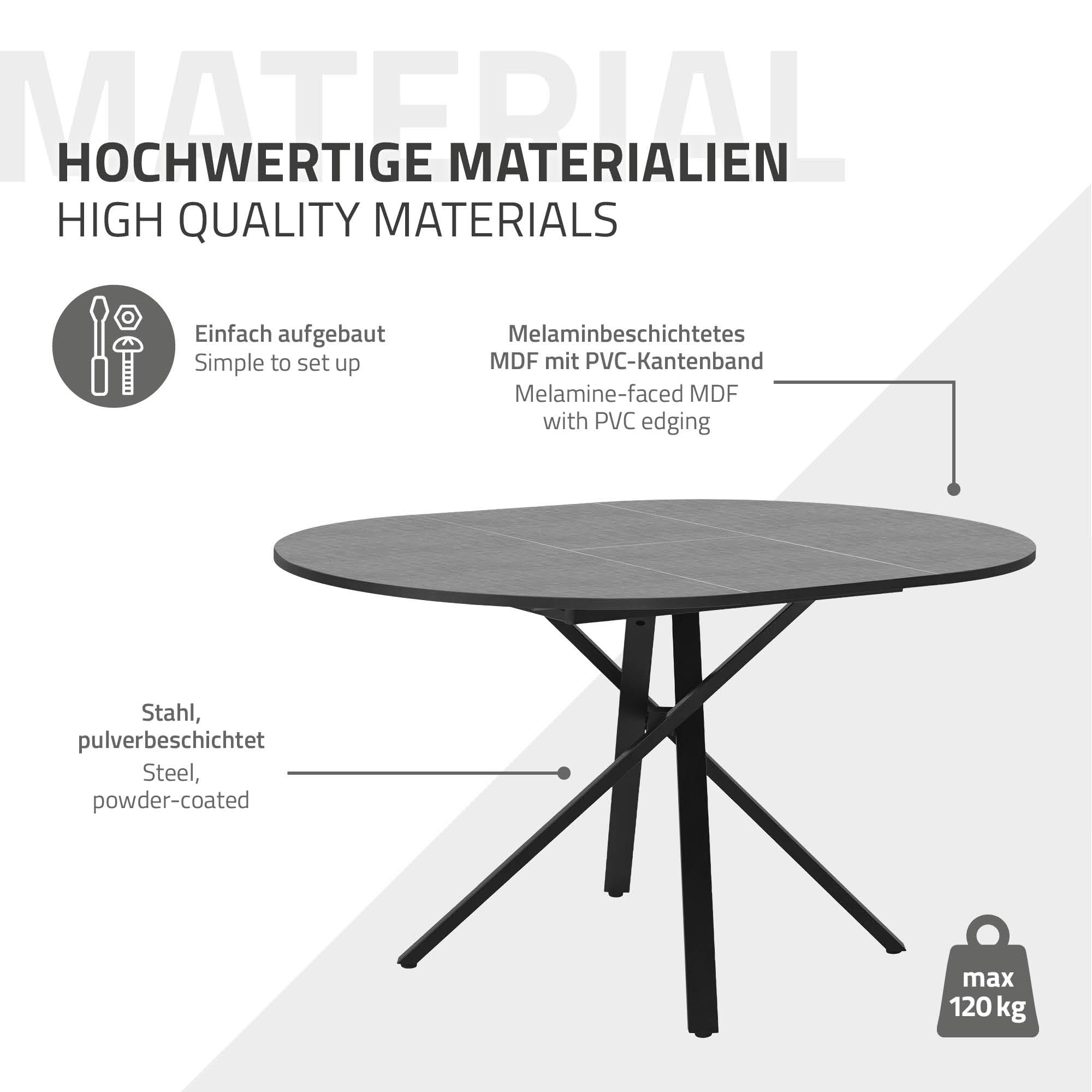 ML-Design Table de Salle à Manger Ronde Extensible pour 4-6 Personnes, Table de Cuisine avec Rallonge en MDF, en Gris Chiné, 100-140 x 76 x 100 cm, Pieds en Acier Forme-X, Meuble Moderne pour Salon
