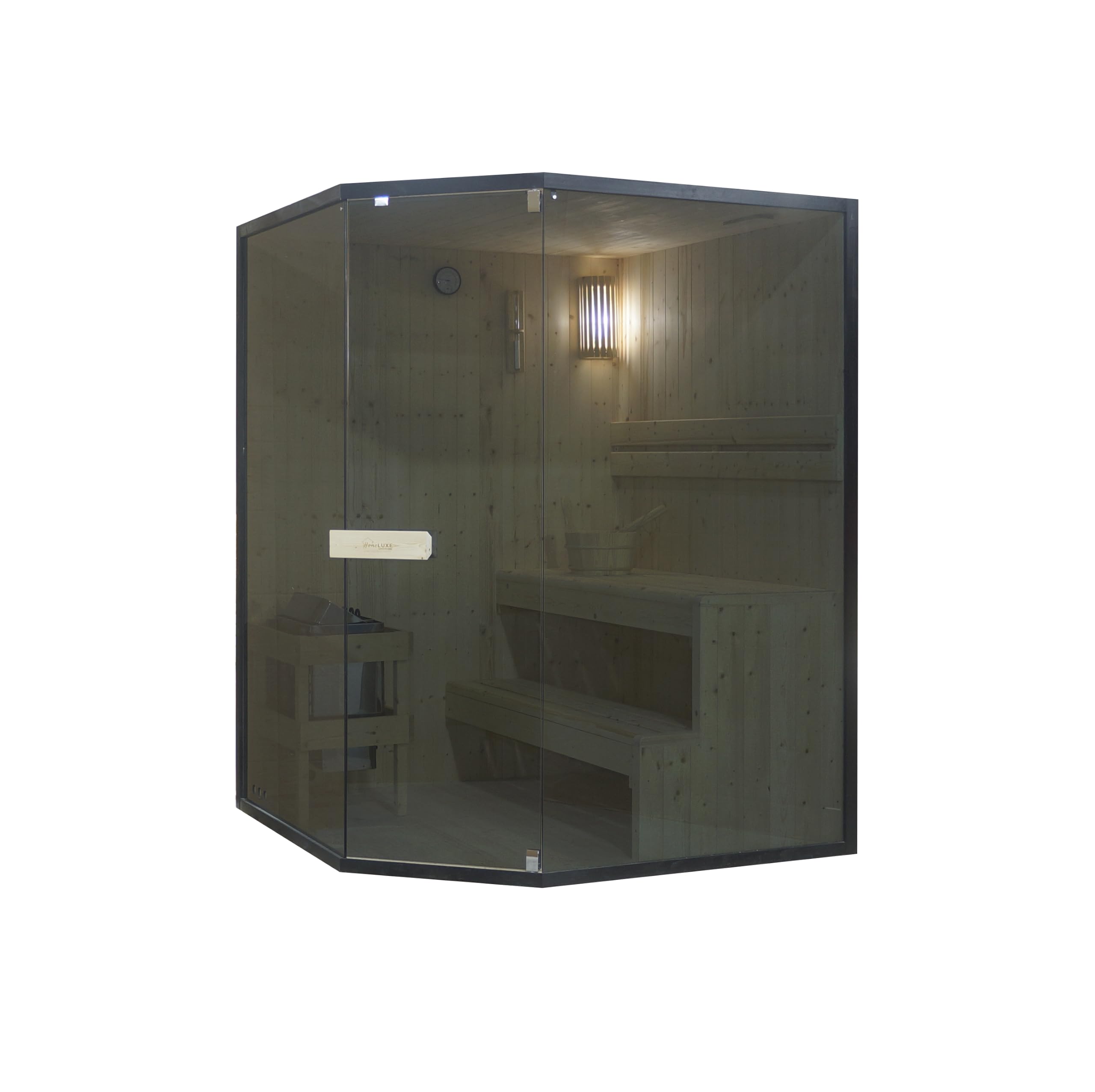 SANOTECHNIK Sauna FALUN XL für 2–3 Personen, Innensauna aus Fichtenholz mit 6,0 kW Harvia Saunaofen, Saunasteine & Zubehör, getöntes Sicherheitsglas, 150 x 150 x 200 cm