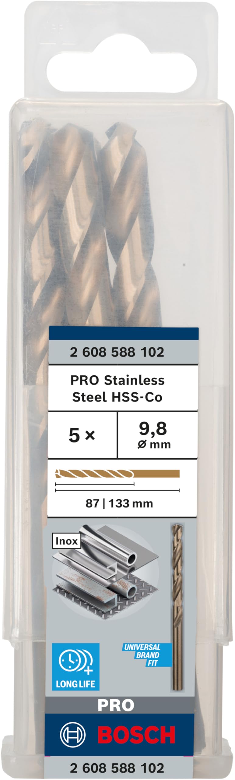 Bosch 5x PRO Stainless Steel HSS-Co Spiralbohrer (für Stahl, Edelstahl, Ø 9,80 mm, Professional Zubehör Bohrmaschine/Schrauber)