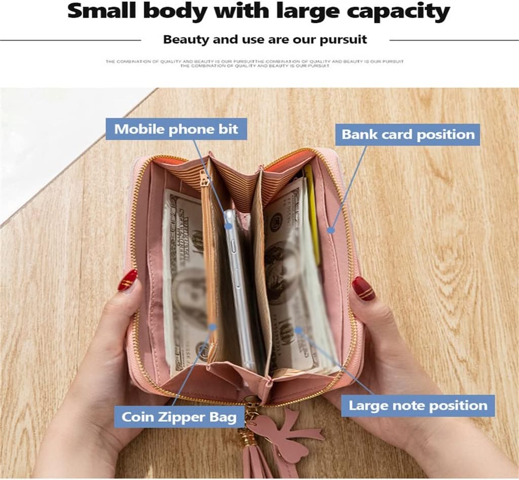 HBJWOV Wallet Long Section Women Zipper Female Stitching Contrast Color Tassel Wild Card Bag Mobile Phone(D)