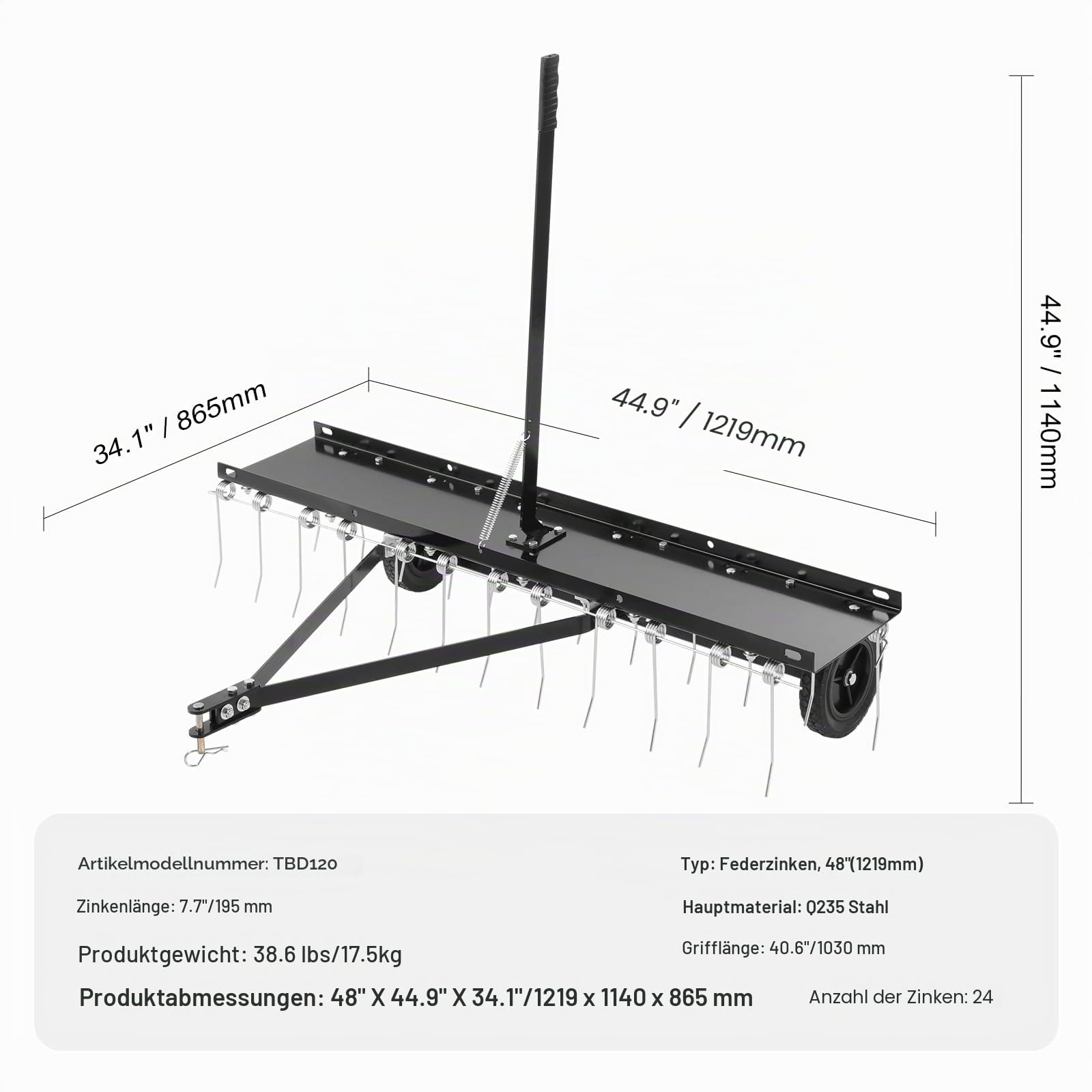 VEVOR Vertikutierer, 1219 mm Vertikutierer mit 24 Federstahlzinken, Rasenvertikutierer für ATV oder Mäher, Rasenrechen mit Hebebügel für den Garten, Bauernhof, Gras
