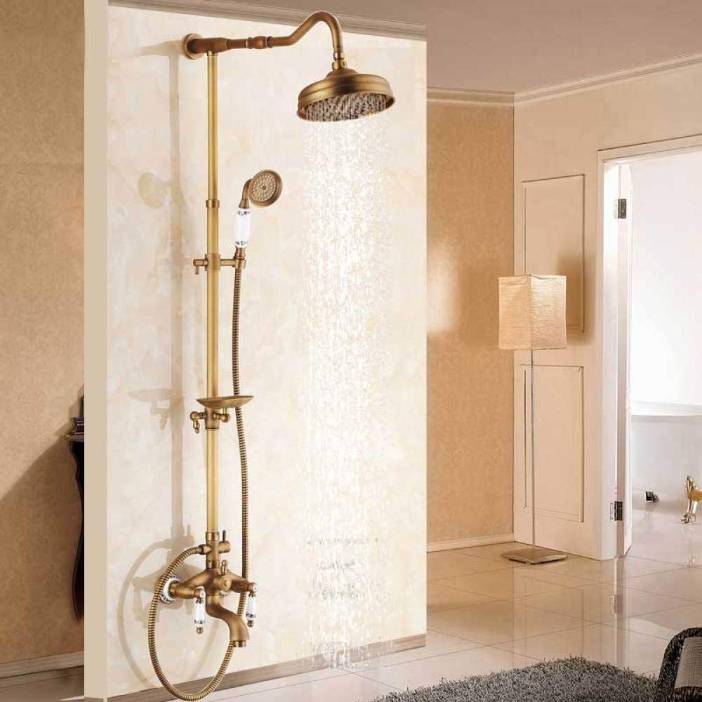 ASerZenith Shower System Newly Wall Mount Outdoor 8Inch Rain Shower Faucet Set Antique Brass Dual Handles Swivel Tub Spout Bath Shower Mixers + Soap Dish Antique Brass a