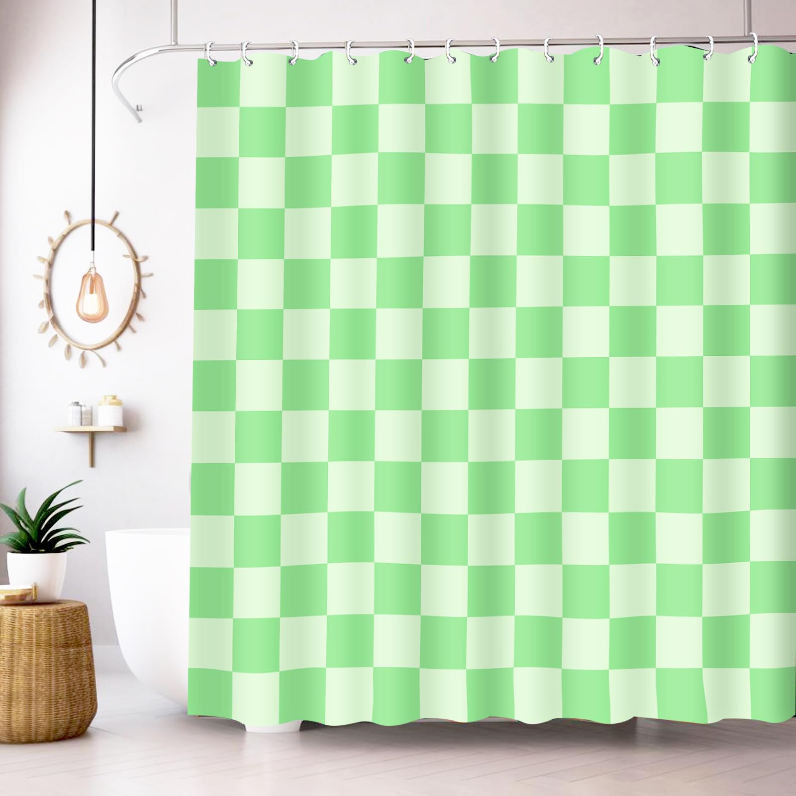 Lutto Checkered Shower Curtain Green Shower Curtains for Bathroom Decor Vintage Aesthetic Shower Curtain with 12 Hooks, 72''x72''