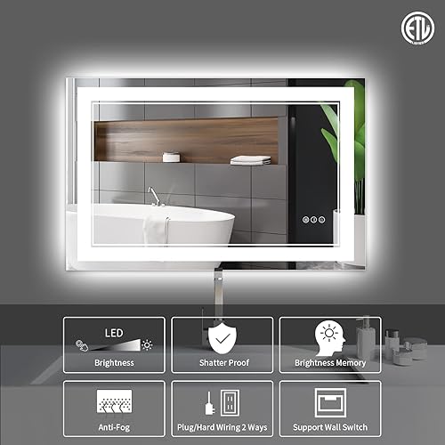 Miniatura 46 de Espejo de baño LED de 40 x 32 pulgadas, luz frontal y retroiluminada, antiniebla, regulable, espejo de tocador iluminado con memoria, espejo LED