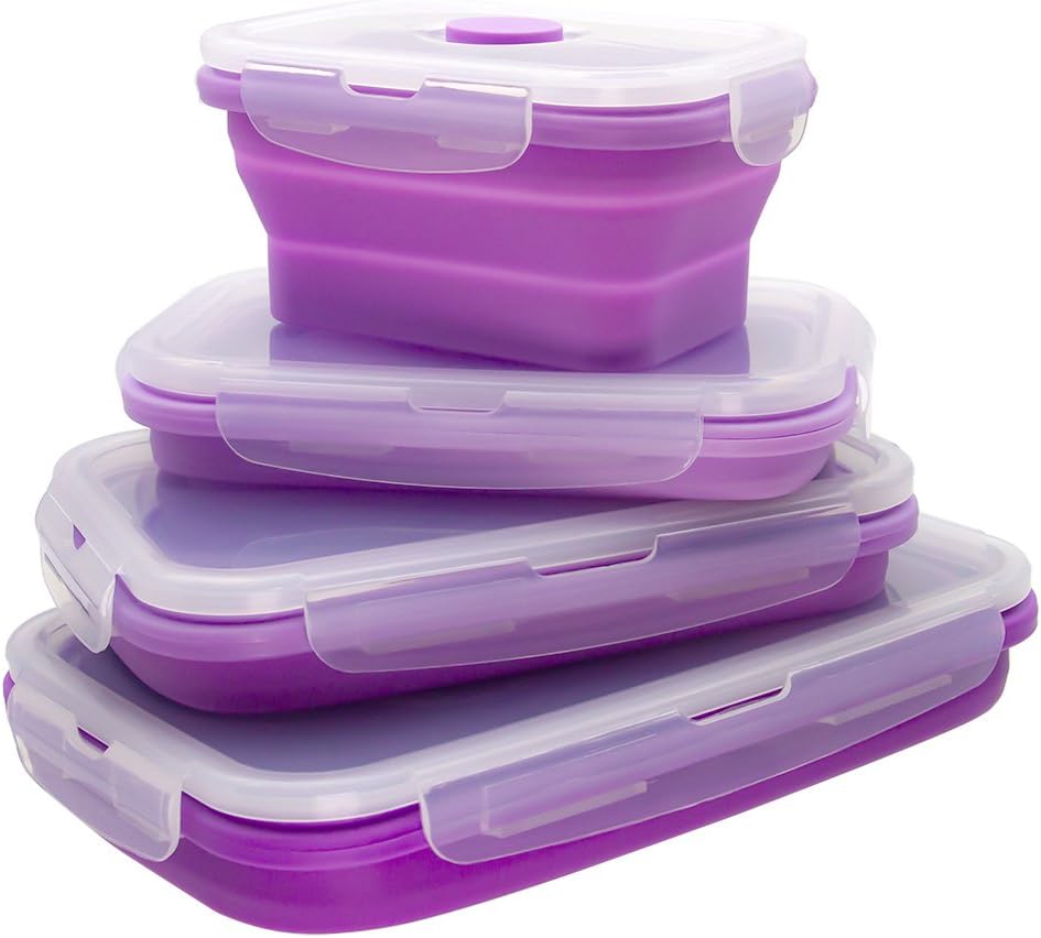 Aydino Collapsible Food Containers Set of 4, Silicone Food Storage with Lids, Rectangular Lunch Bento Box, BPA Free, 390ml 575ml 750ml 1250ml, Colore-Purple