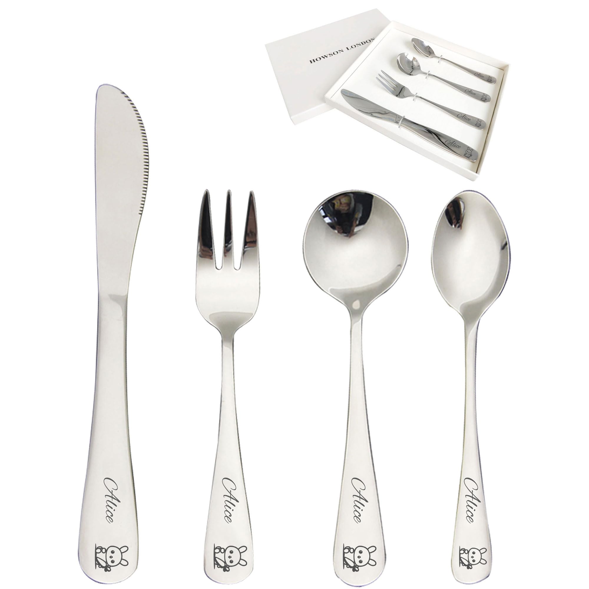 Personalized Cutlery Set for Kids Children Toddler Cutlery 4pcs Engraved Knife Fork Spoon Stainless Steel Cutlery Set Christening Christmas Gifts for Boy Kids Girls Cutlery Gifts (Rabbit)