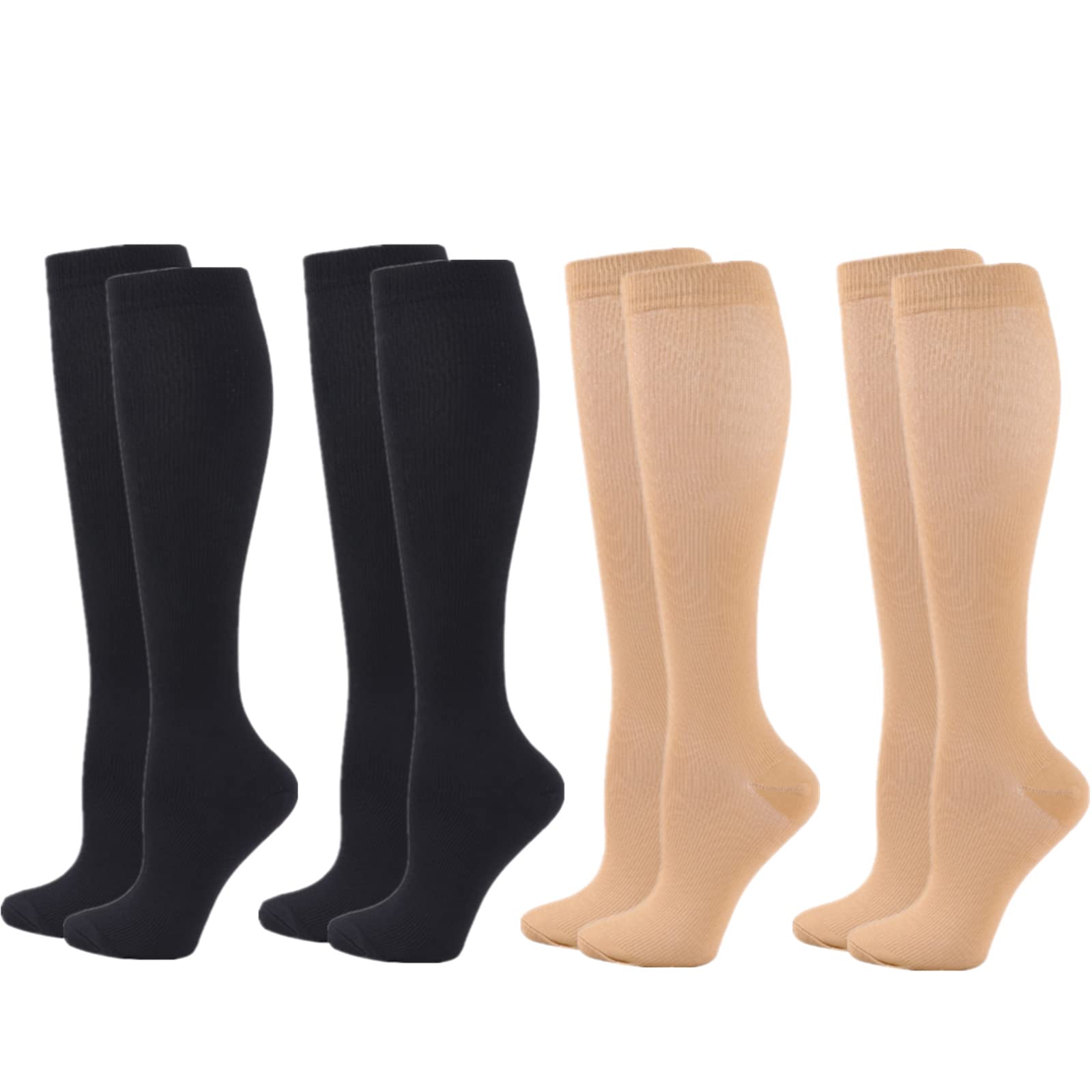 Compression Socks for Women Men, 4 Pairs 20-25mmHg Flight Socks Compression Stockings for Sport, Athletic, Edema, Diabetic, Varicose Veins, Travel, Pregnancy, Nursing (XXL, Black Black Skin Skin)