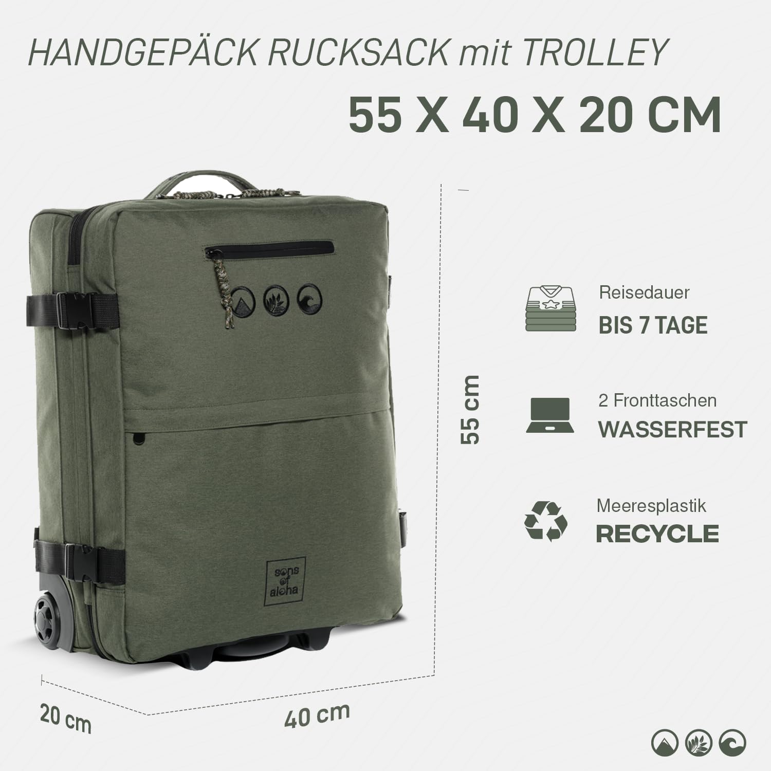 SONS OF ALOHA Backpacker Rucksack mit Rollen 3 in 1 - Handgepäck Koffer Kane Hybrid Backpack-Boardgepäck mit Rollen, 55 x 40 x 20 cm - wasserabweisend recyceltes PET, grün-Olive
