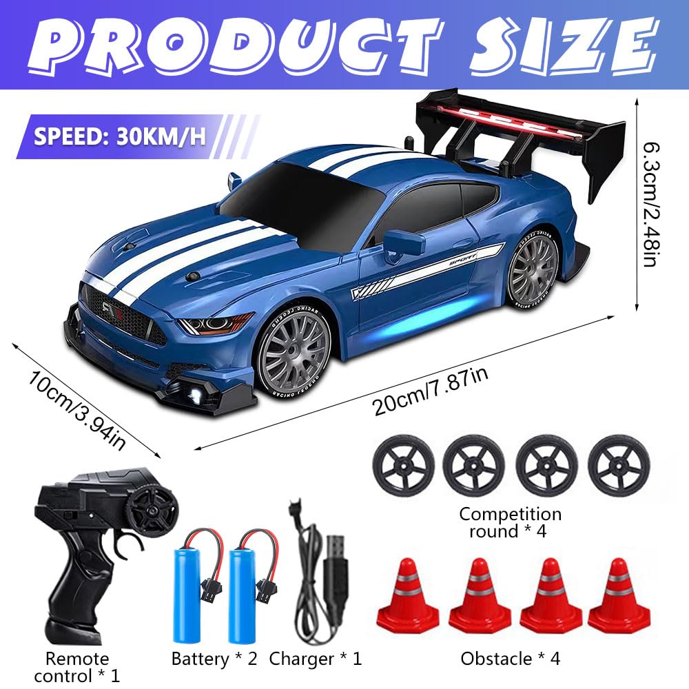 KUWUNG RC Drift Car, 1:24 Remote Control Cars with Cool LED Lighting, 2.4 GHz Rechargeable Mini RC Drift Car, 30km/h, 4WD Toy Vehicle Gift for Kids and Adults (Blue) - Image 2