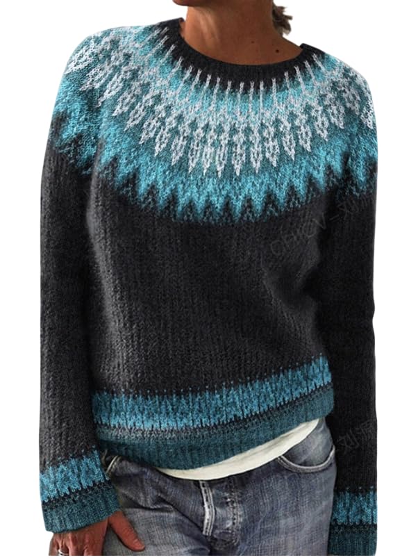 Women Retro Cute Fair Isle Knit Sweater Pullover Winter Fall Warm Geometric Long Sleeve Crewneck Jumper Top Outwear