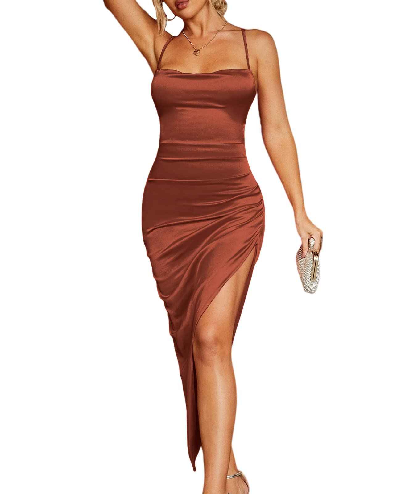 Parthea Damen Satin Rückenfreies Kleid Braun