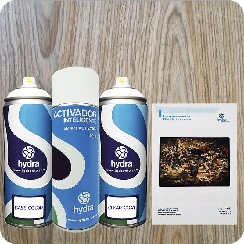 STARTER Kit Hidroimpresion: 1 Activador 400 ml + 1 barniz y color de fondo adecuados de 400 ml + 1 Manual + 1 Lámina hidroimpresión efecto madera. Ancho: 100cm. Largo: 800cm (HMA-308)