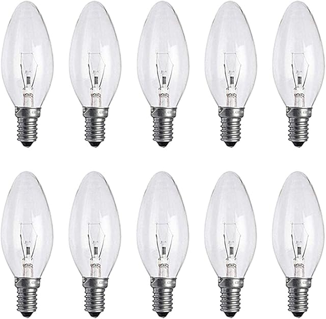 10 x Clear Candle Small Edison Screw Cap SES E14 Lamp Light Bulbs 25W, 25 Watt, 10 Pack Candle Bulbs Dimmable, Warm White 2700K, Screw in Edison Light Bulbs E14, Energy Efficient, Energy Saver