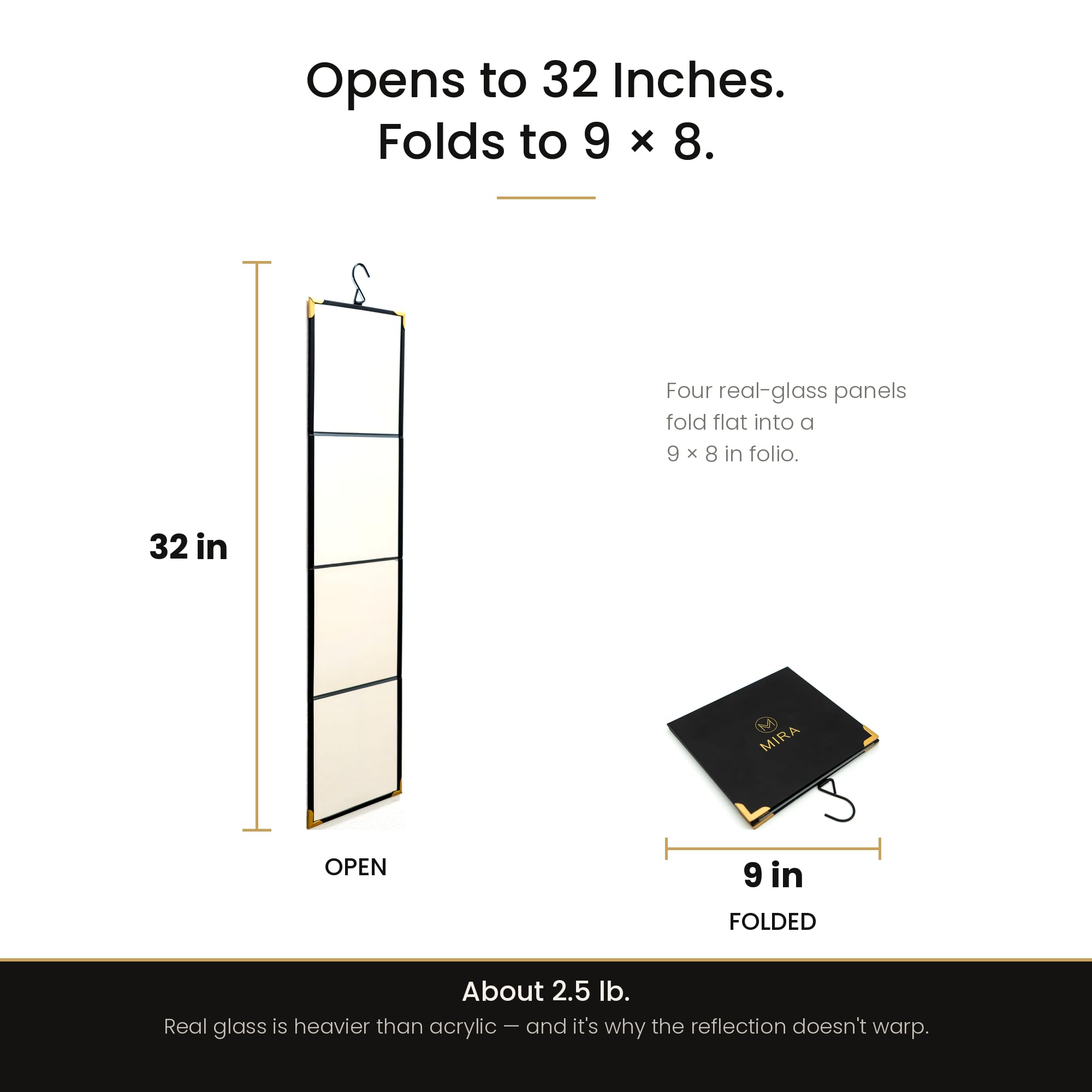 MIRA Real Glass Foldable Full-Length Travel Mirror, Portable 4-Panel