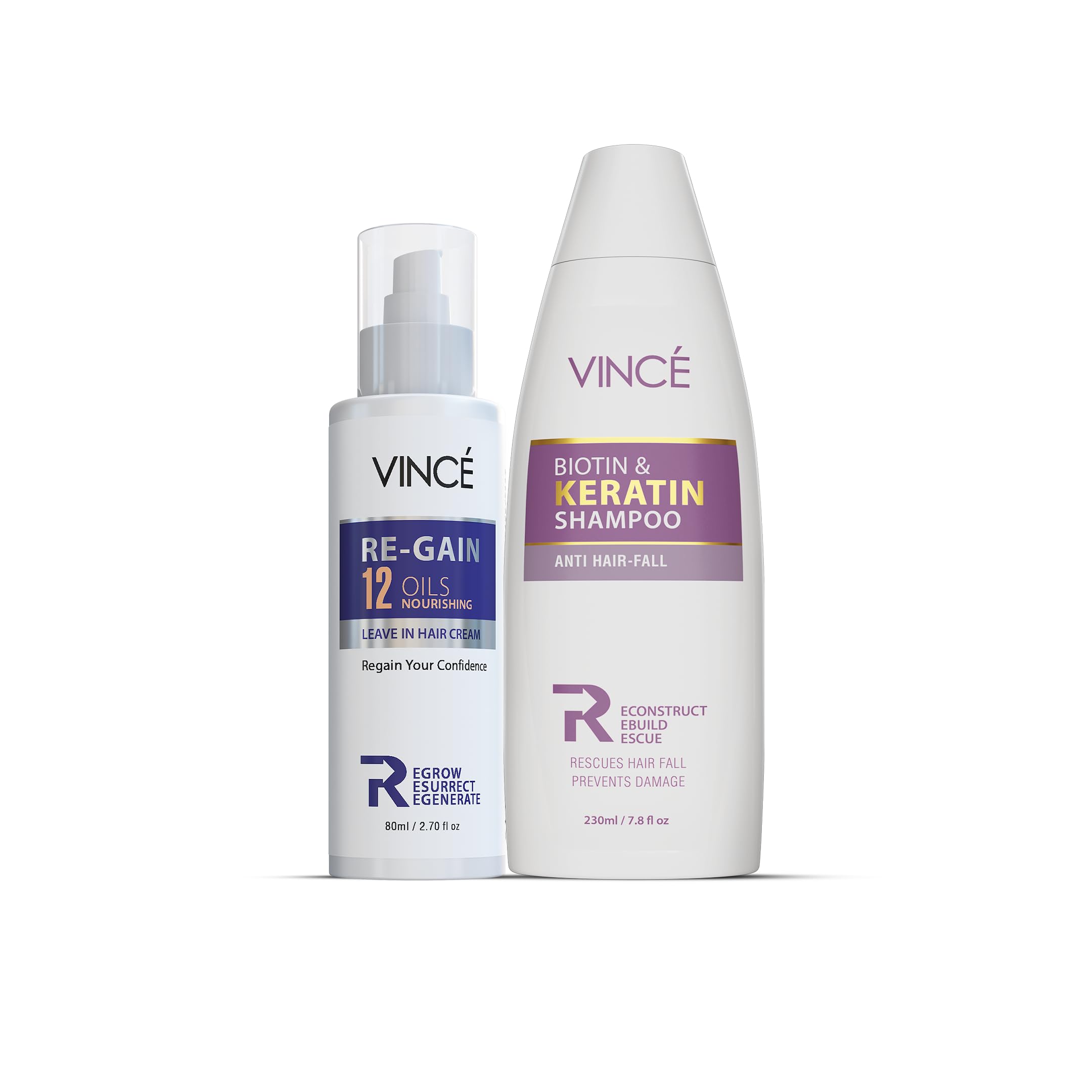 Vince Hair Re-Growth Combo – Biotin & Keratin Shampoo 230ml + Leave-In Cream 80ml – Reduces Hair Fall, Strengthens Follicles, Nourishes Scalp & Promotes Smoother, Shinier, and Voluminous Locks