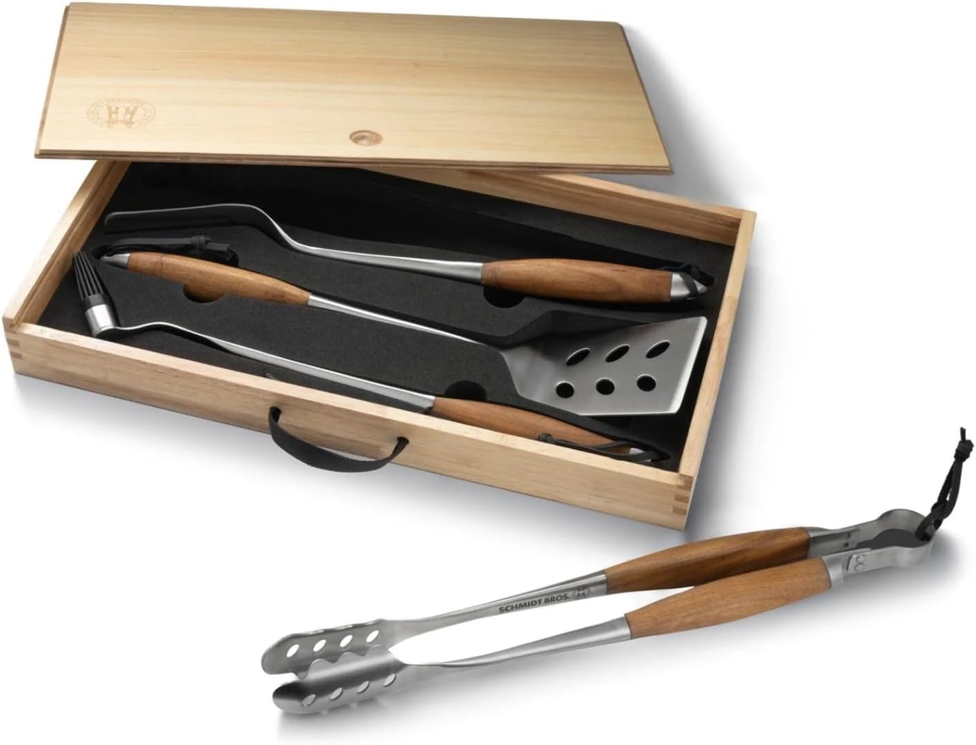 Schmidt Brothers - BBQ Bonded Teak 4 Piece Grilling Accessory Set, Full-Forged Stainless Steel Grilling Utensils Including Spatula, Fork, Basting Brush, and Tongs with All Wood Handles