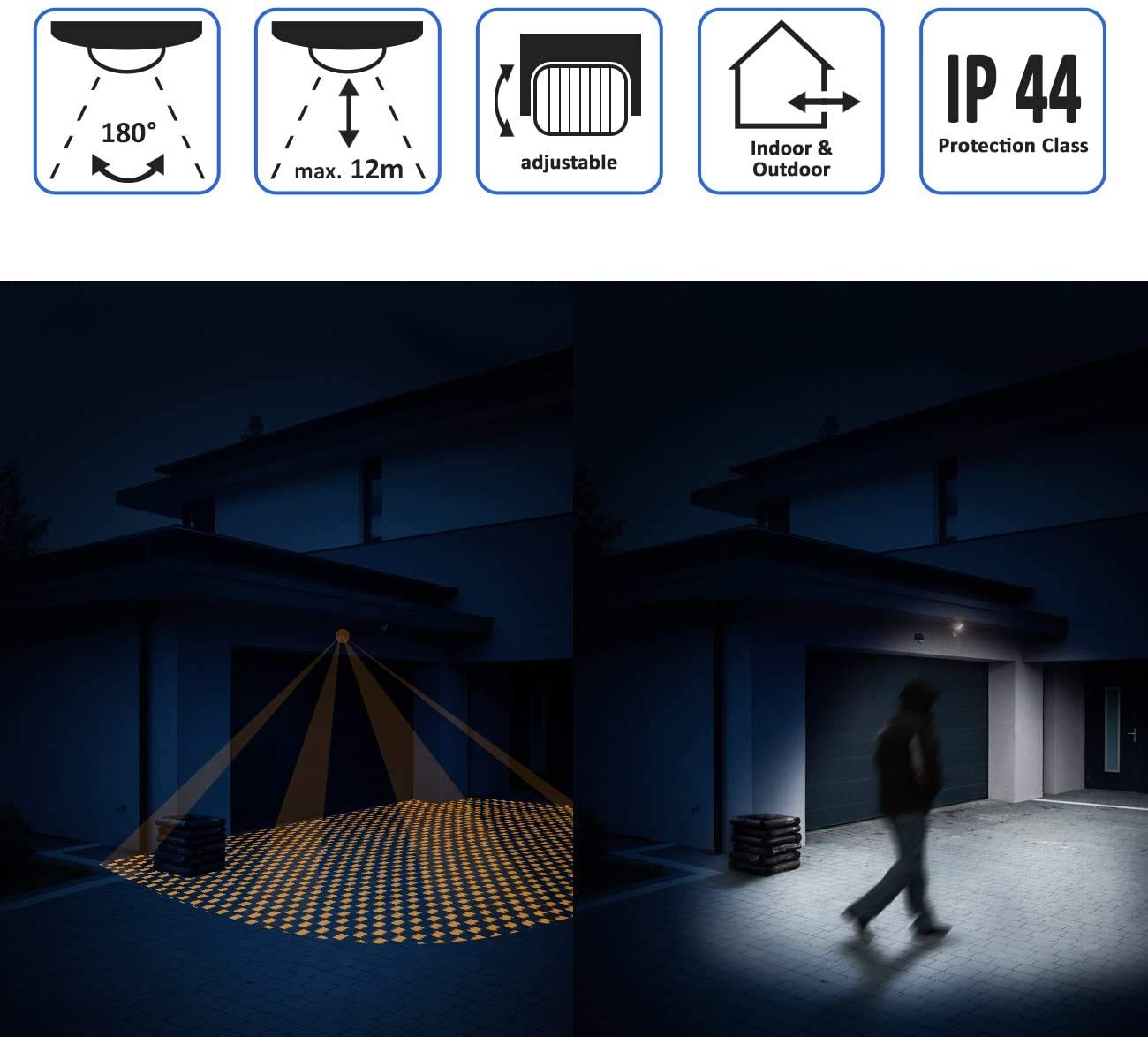 VELAMP MS005 - Sensore di Movimento per Luci Rileva Presenza con Portata 12m/180° Orientabile - Sensore Crepuscolare da Esterno e Interno Impermeabile IP44, Rilevatore a Parete LED Programmabile, Nero