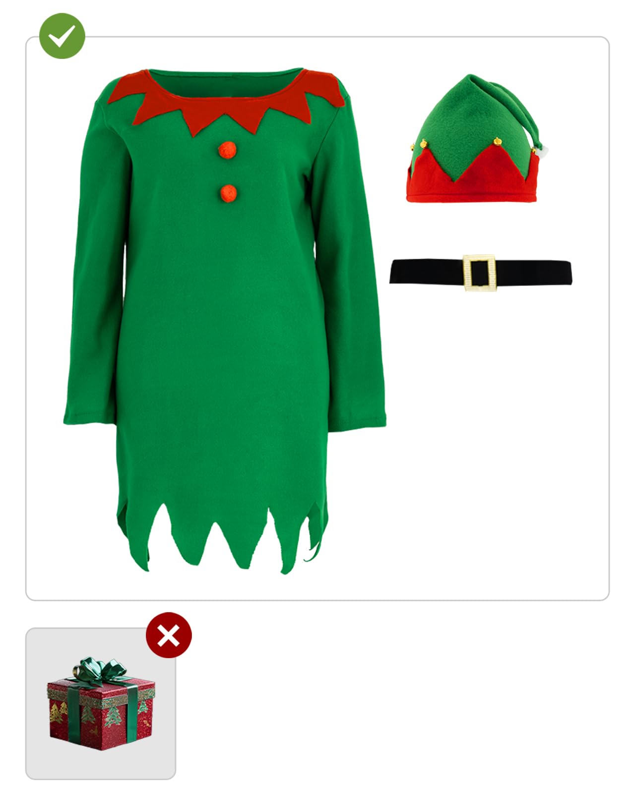 Disfraz De Elfa Navideña Con Accesorios Para Mujer | Vestido + Cinturón + Gorro + Zapatos De 35 Cm + Medias + Bastón Hinchable | Talla S