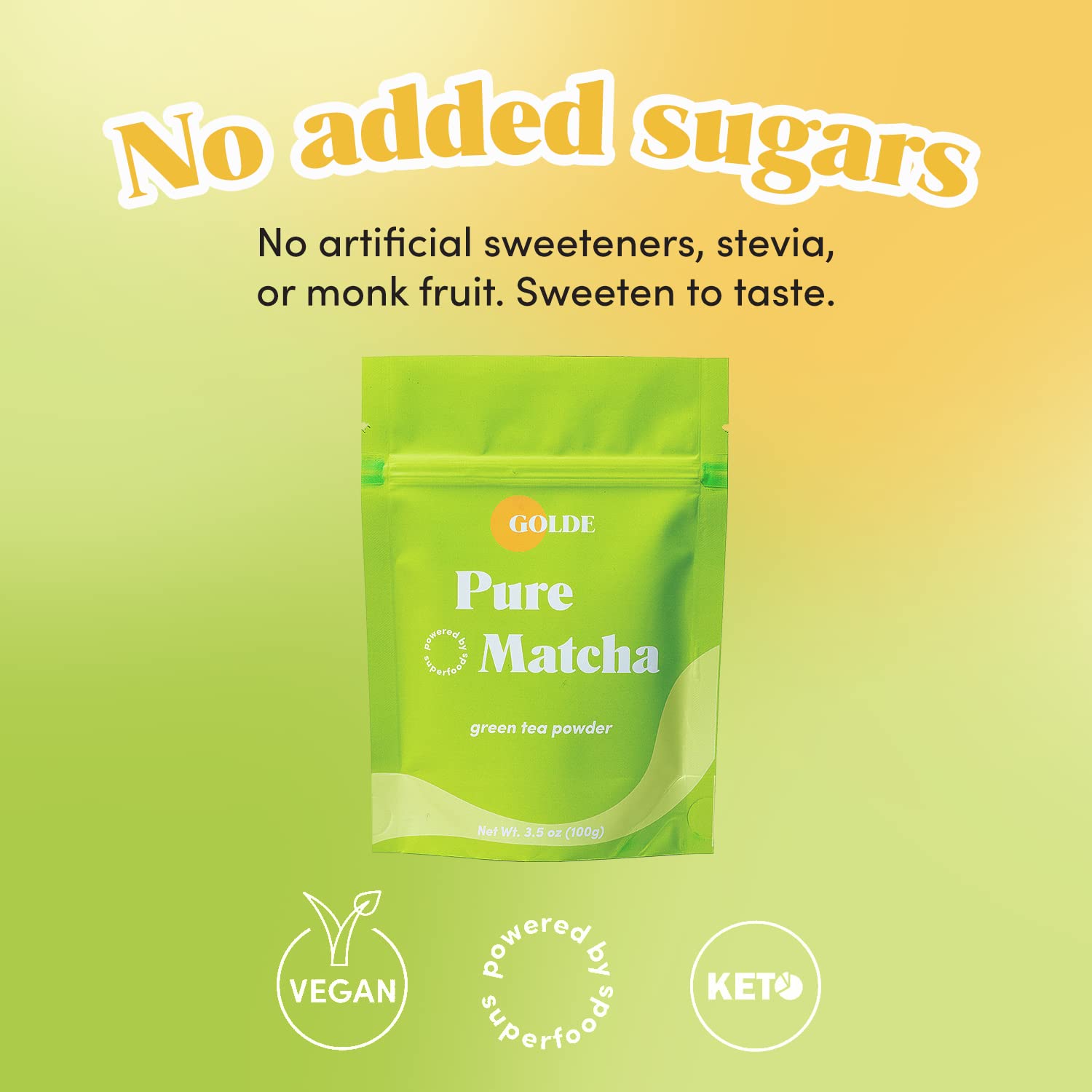 GOLDE - Pure Matcha - Ceremonial Grade Matcha Powder - Green Tea Superfood w/L-Theanine & Antioxidants - 60mg Caffeine - Jitter Free Energy - 100g Pouch