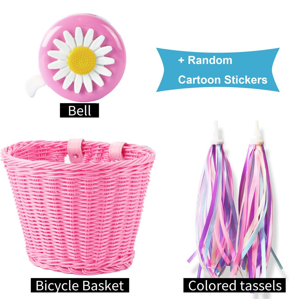 Bike Basket Kid Bicycle Basket Bike Accessories, 1pc Bicycle Bell with Stickers, 1pc Kid Bicycle Front Basket and 1pairs Colorful Ribbons Tassels Decoration for Girl Boy (Pink)