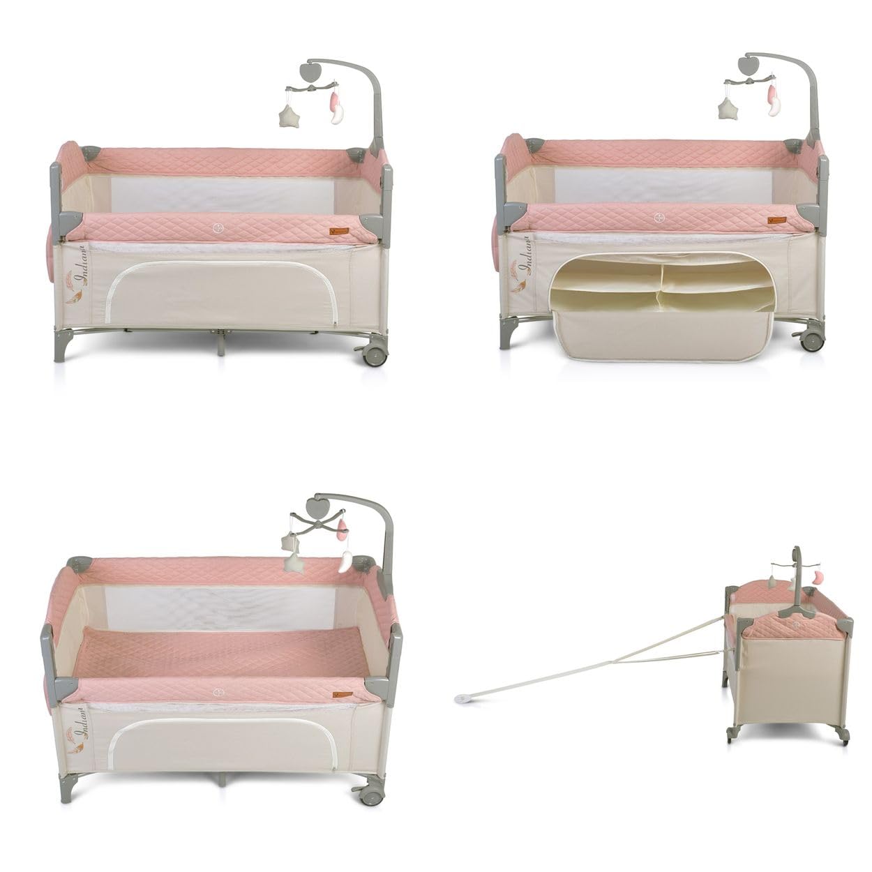 Cangaroo Indiana Camping Kinderbett, mit Musikmobil mit 4 Kuscheltieren, Organizer und eine Tragetasche, Rosa