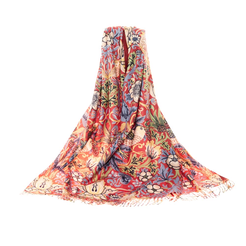 Signare Art Pashmina, wrap and shawl with Strawberry Thief by William Morris in Red Backdrop
