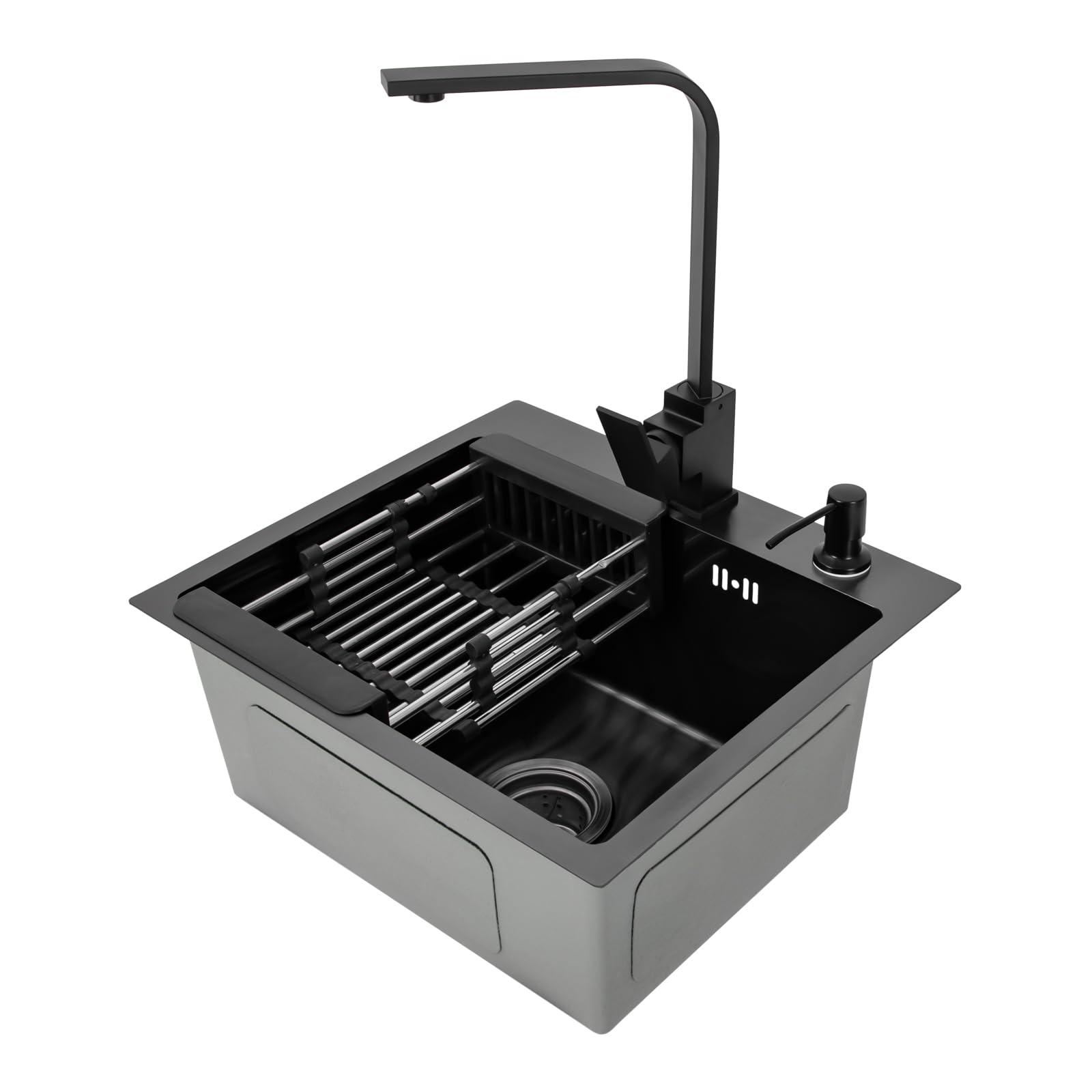 Kit de fregadero de cocina de acero inoxidable negro mate, incluye fregadero empotrado, grifo de cocina con dispensador de jabón y bajante de 45 x 40 cm, giratorio 360 ° - Fregadero Cocina 1 Seno