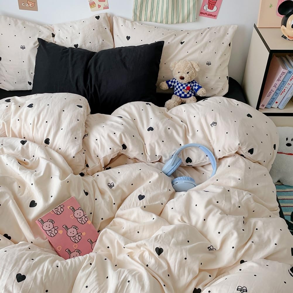 Covebett Duvet Cover King Beige Black Heart Polka Dot Bedding Set 3pcs for Women Girls Cute Aesthetic Hearts Quilt Cover 220x230 cm and 2 Pillowcases 50x75 cm Zipper Closure โ image 1