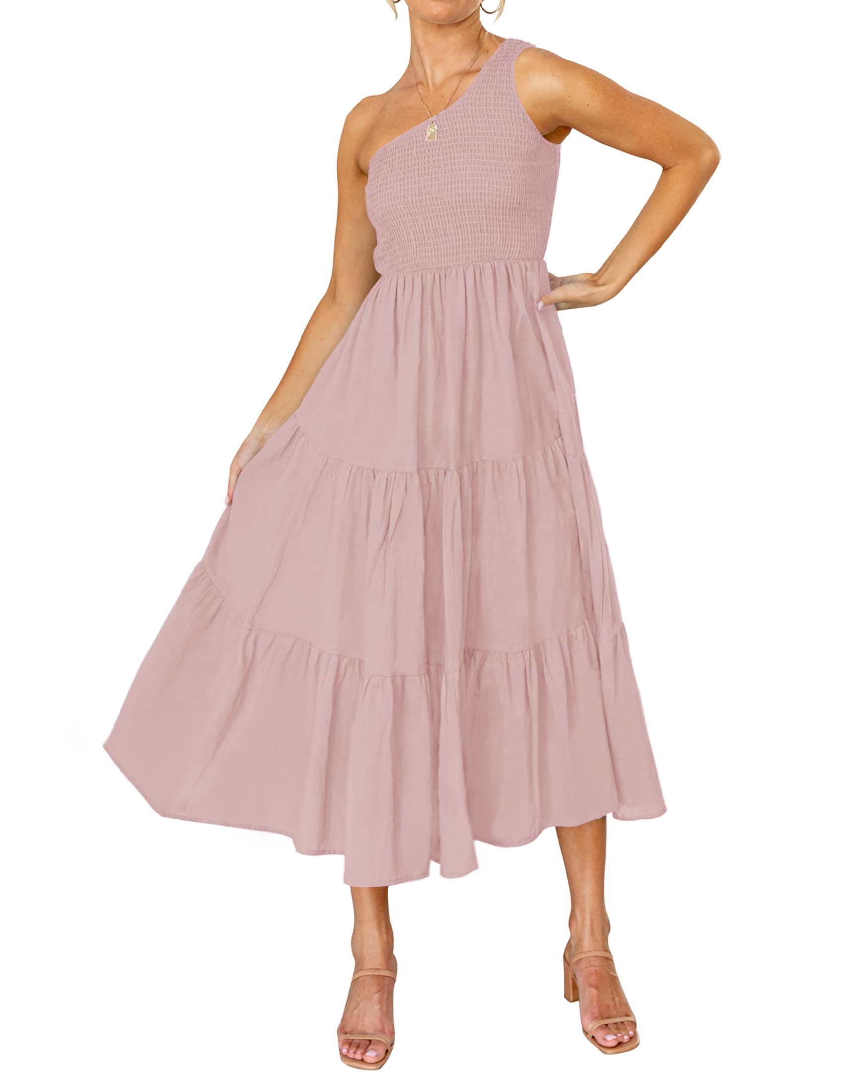 ZESICA Womens Summer Floral One Shoulder Midi Dresses | Sleeveless Long Dress, Ruffle Tiered, Fashion Smocked Dress, Boho, Smocked Bodice, Flowy A Line Dress, Beach Vacation Dress
