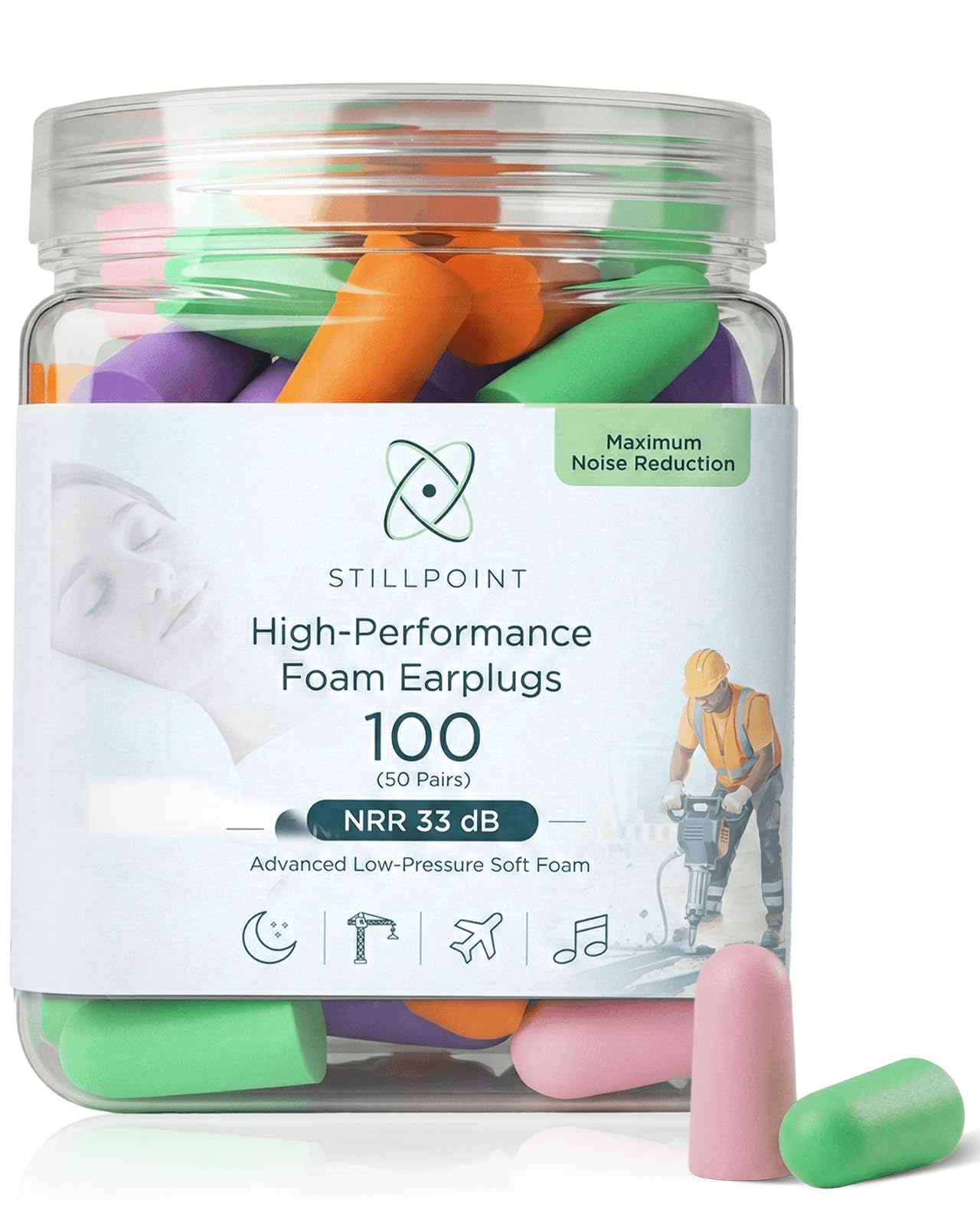 Happy Hippo Soft Foam Earplugs, 33 dB NRR, (50 Pair, 100 Ear Plugs), Maximum Protection for Sleeping, Power Tools, Loud Work Environments (Neon)