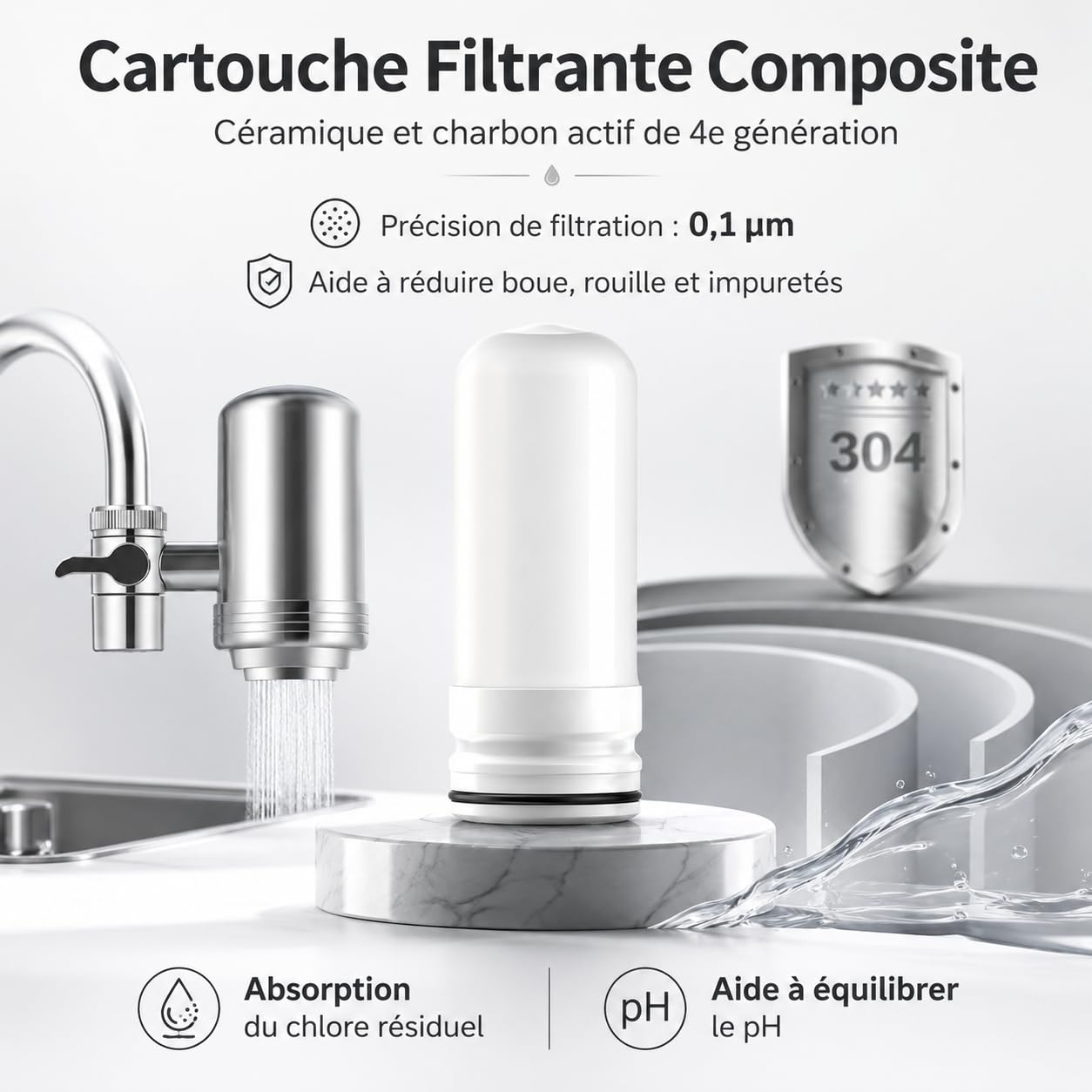 Purificateur d'eau Pureva pour robinets de cuisine, Filtre à Eau de Robinet avec Cartouche Céramique et Charbon Actif, Deux Modes, Acier Inoxydable 304 (3 cartouches filtrantes)