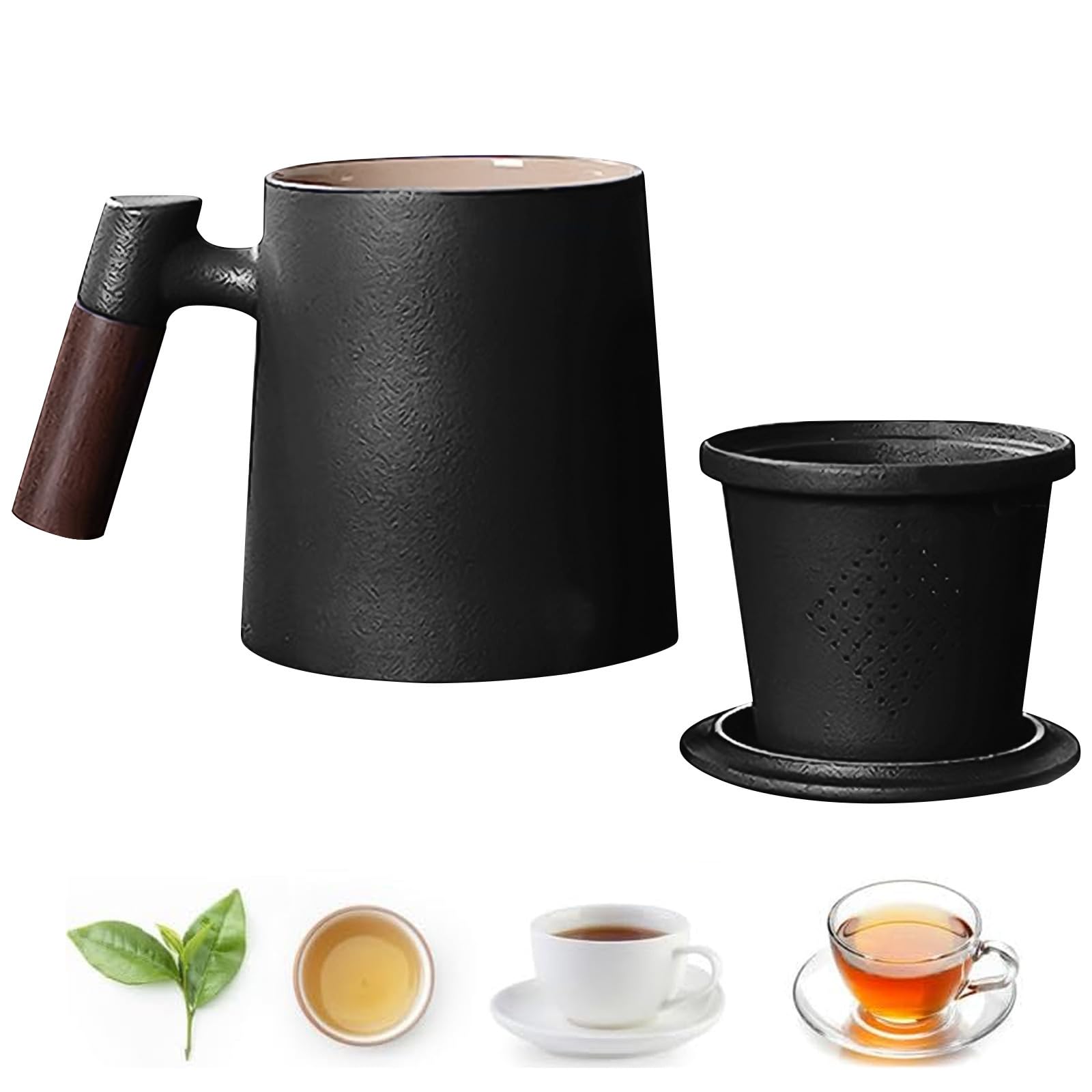 Qivine Keramik Teetasse mit Deckel und Sieb, 400ml Tee Tasse mit Holzgriff, Japanische Teetassen für Losen Tee, Geschenke für Teeliebhaber (Schwarz)