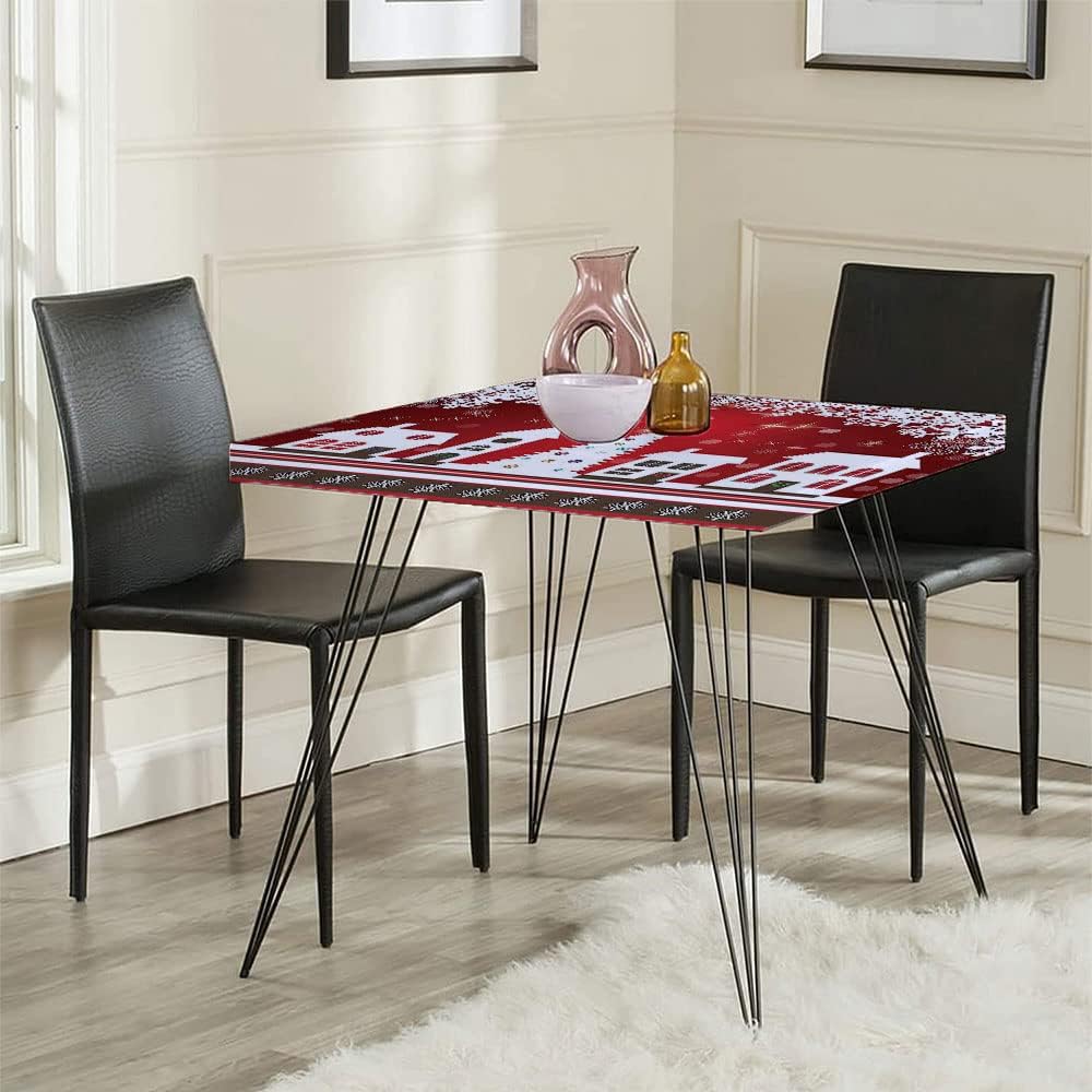 Christmas Square Fitted Tablecloth, Winter Holidays Theme Gingerbread House with Trees and Snowflakes Artwork Print, Suitable for Catering and Kitchen, Fit for 62"x62" Square Table Red White