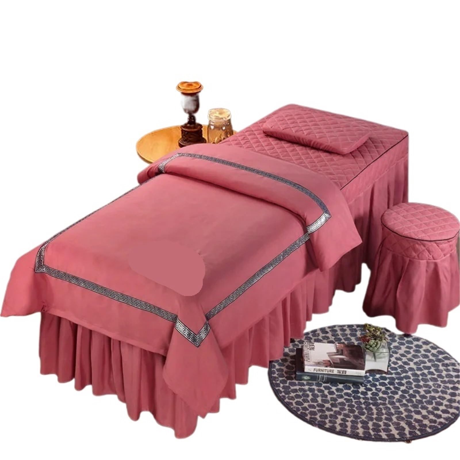 GCYEIDMA Beauty Salon Bed Cover Sets 4pcs Beauty Salon Bed Cover Massage Spa Bedskirt Pillowcase Stool Beddings Sets(Pink,185x70)