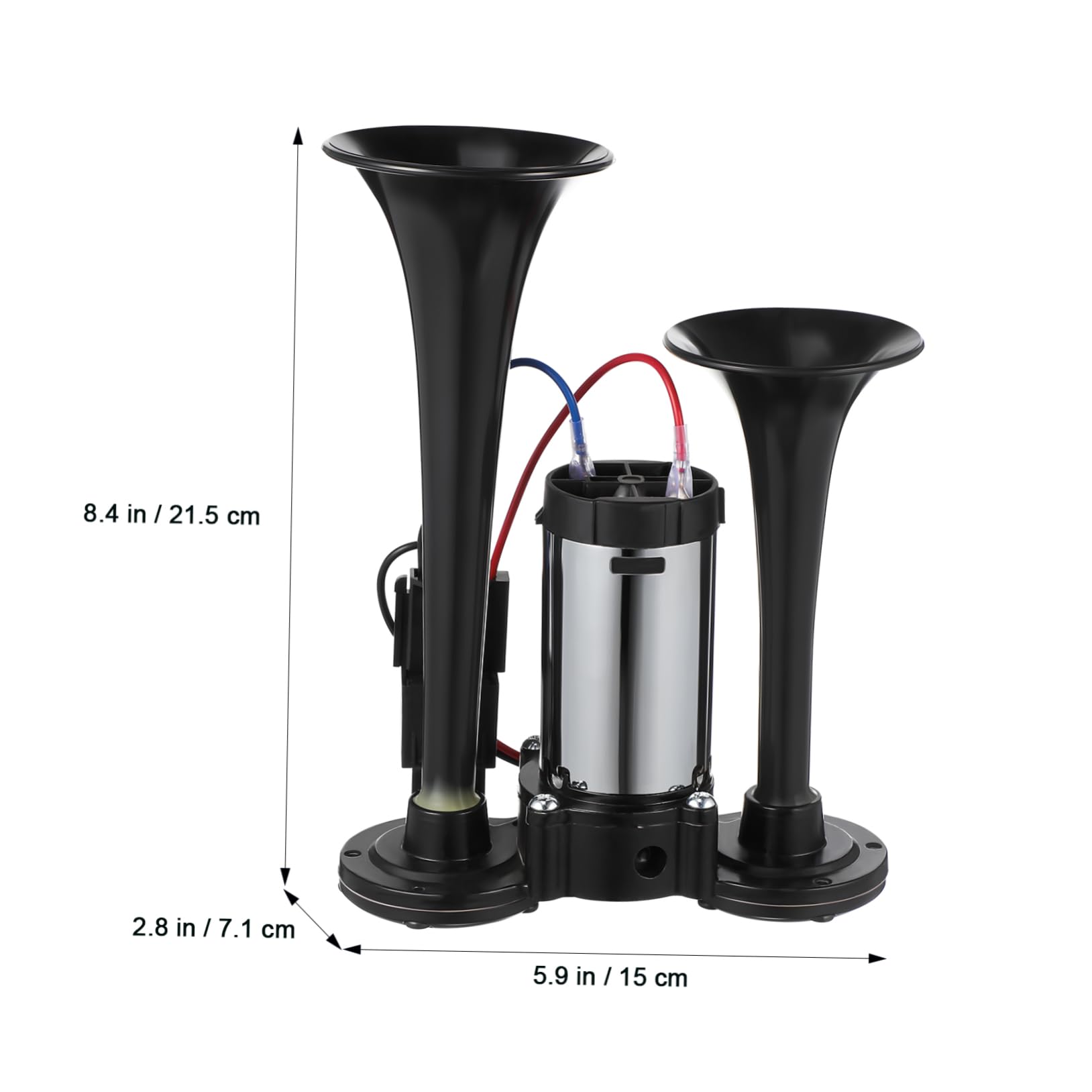 Amosfun Bocina de Aire Eléctrica de 2 Trompetas, Metal Negro, 12 V, Sonido Fuerte, Instalación Fácil, para Camión y Vehículo,