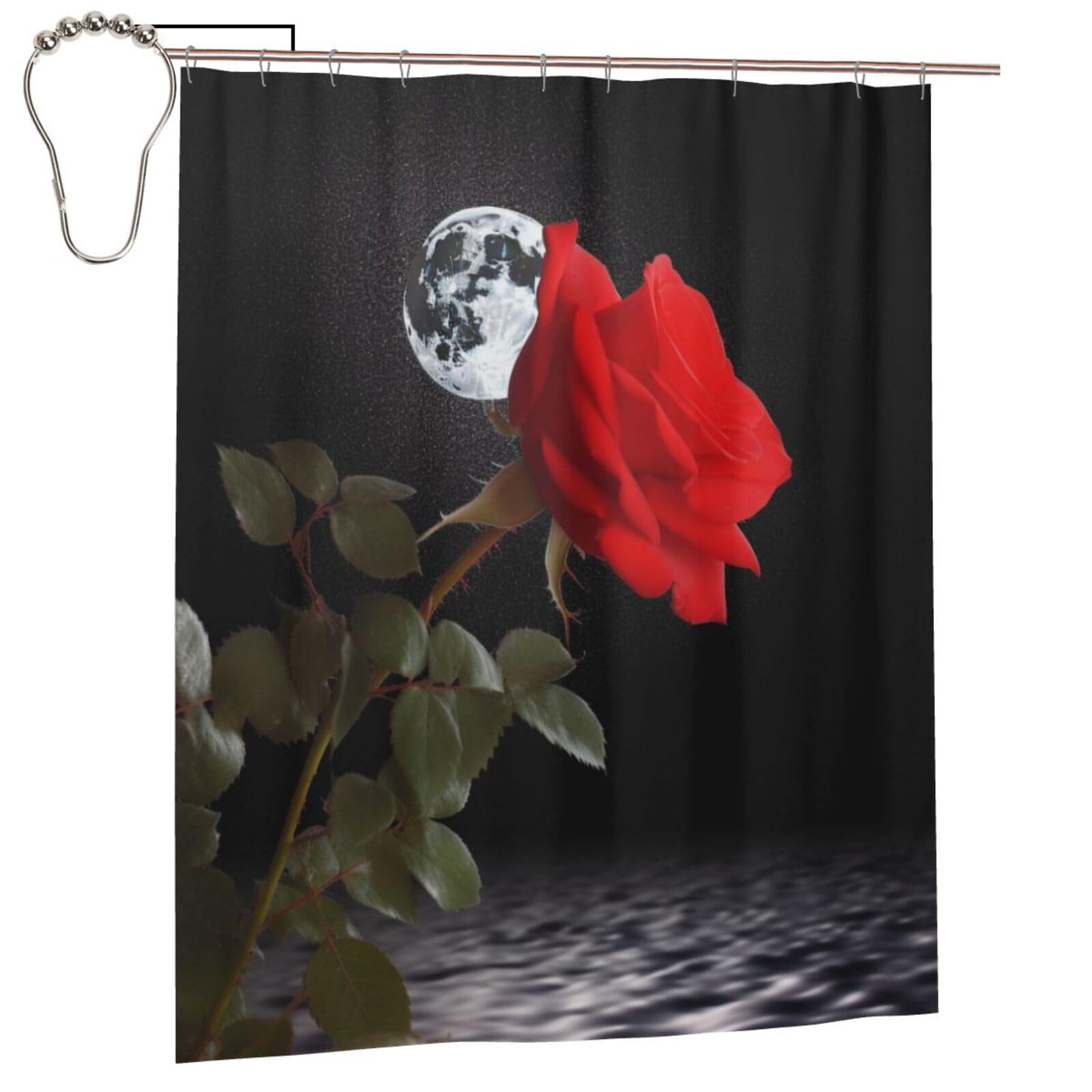 BWWHCCTI Red Rose Under Moon Printed Shower Curtain With 12 Iron Hooks Opaque Quick Drying Waterproof Shower Curtains Sets For Bathroom 152x183 Cm