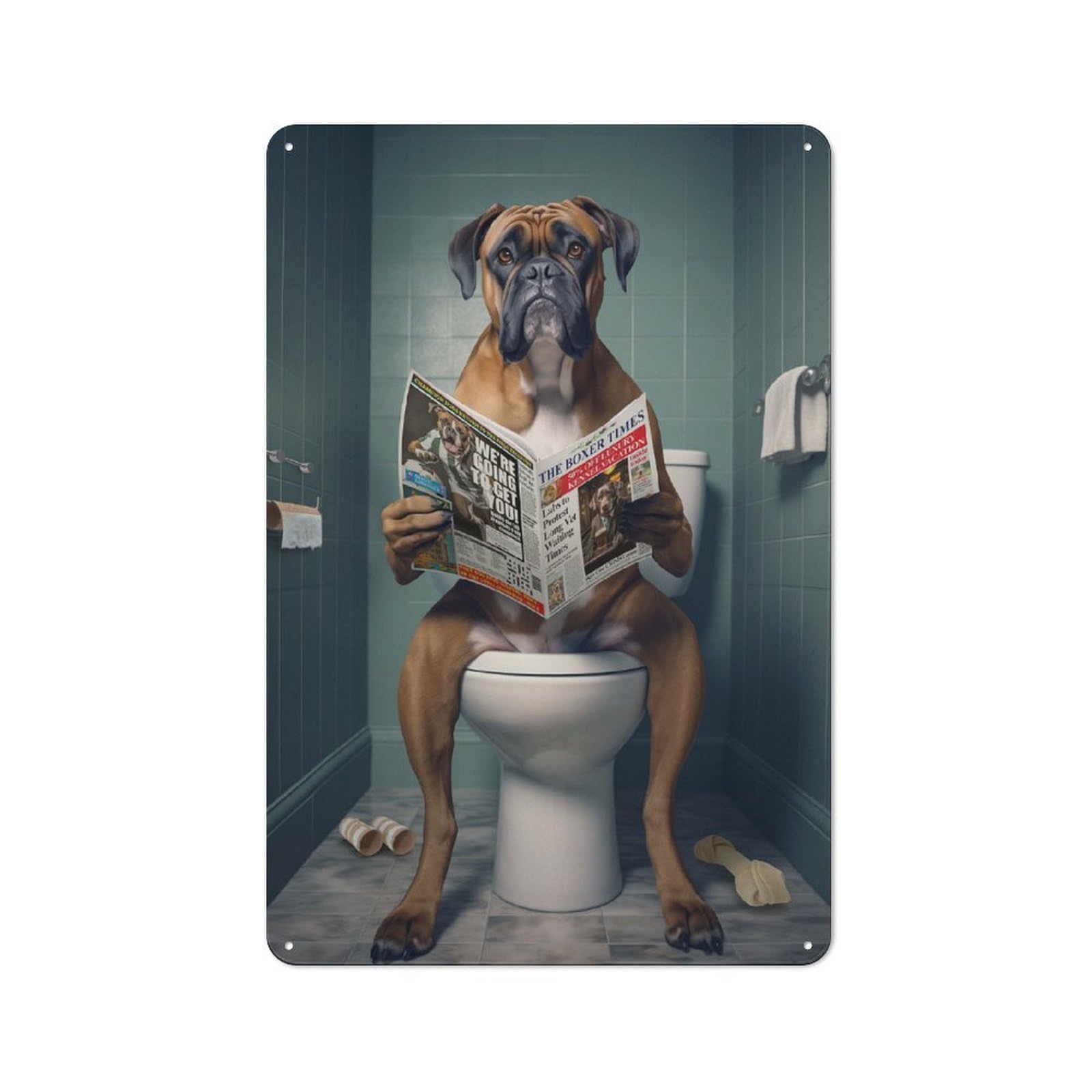 Boxer Dog on The Toilet Vintage Metal Wall Decor 30x20cm, Garage Metal Sign for Workshop, Basement, Shed Or Games Room