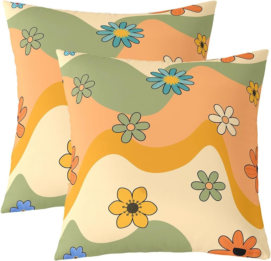 Feelyou Groovy Flower Throw Pillow Covers 24"x24" Set of 2 Soft Retro Floral Boho Pillow Cases Cushion Covers for Living Room Bedroom Stripe Decorative Throw Pillowcases for Sofa Couch Chair