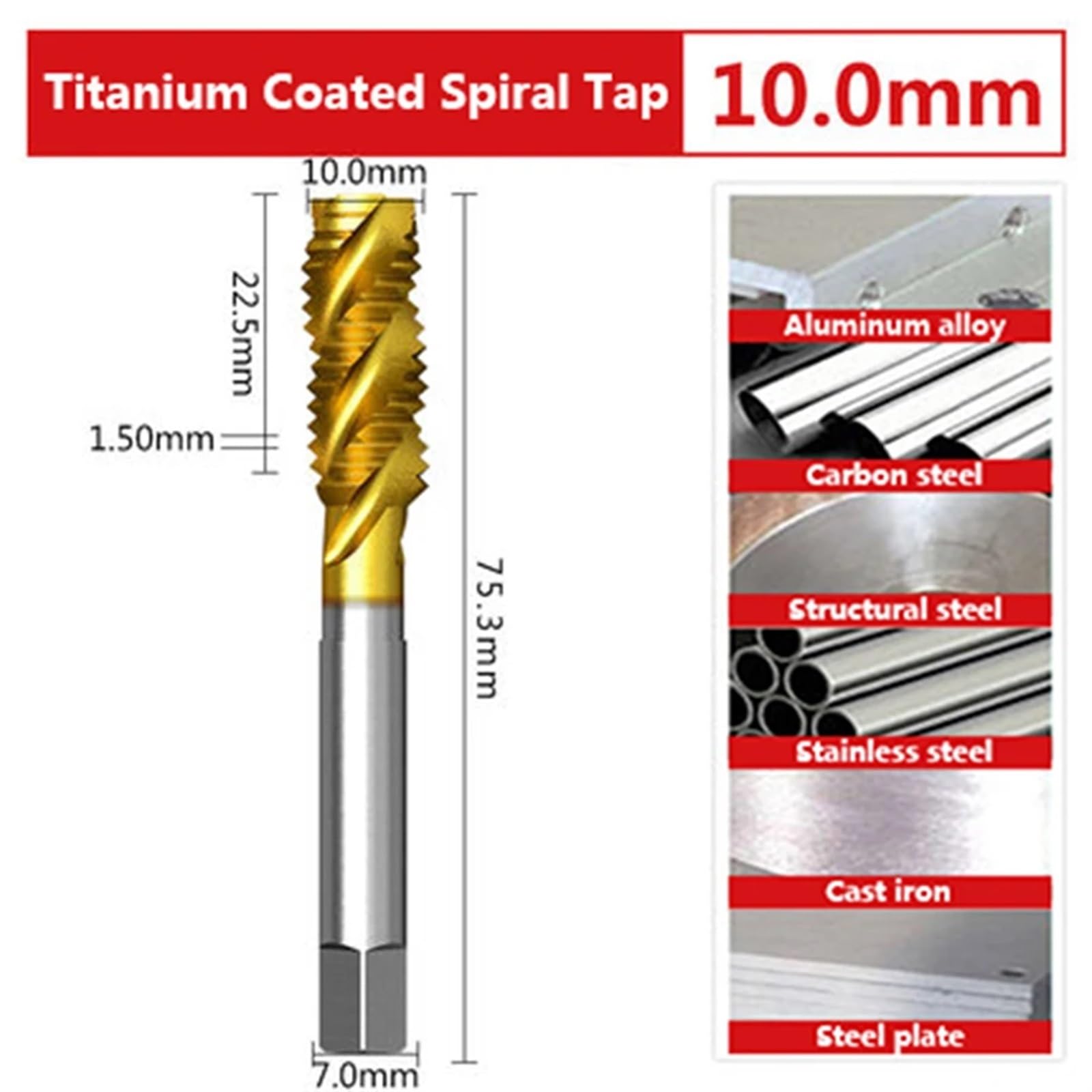 Máquina de enchapado de acero de alta velocidad con macho de roscar con punta en espiral M3 M4 M5 M6 M8 M10 Herramientas de taladro de roscado especiales de acero inoxidable 1 pieza(Spiral tap 10.0mm)