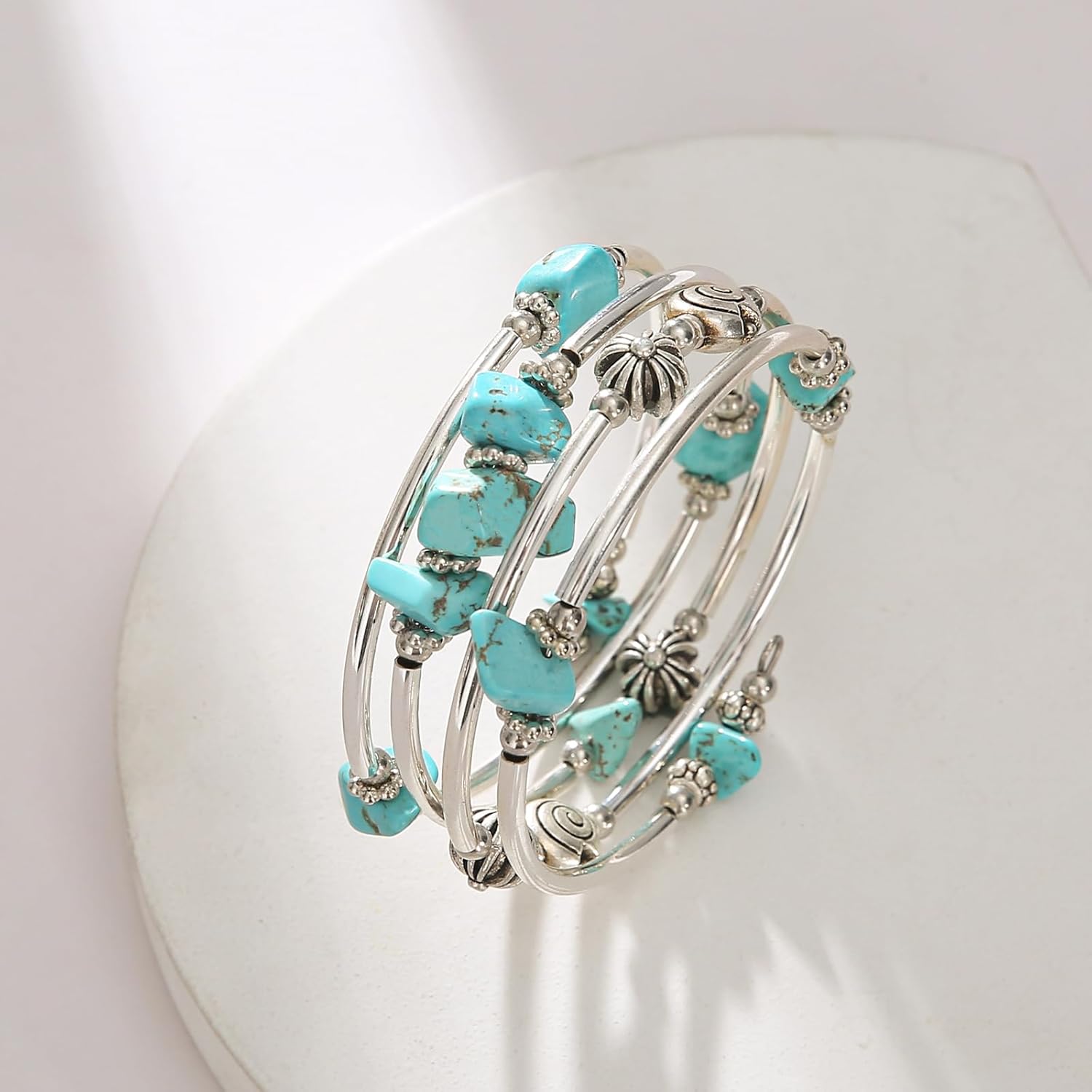 FULU AUTUMN Beaded Bangle Bracelets for Women Silver Wrap Bangles Bracelet Womens Costume Jewelry Fashion Gift - Image 3