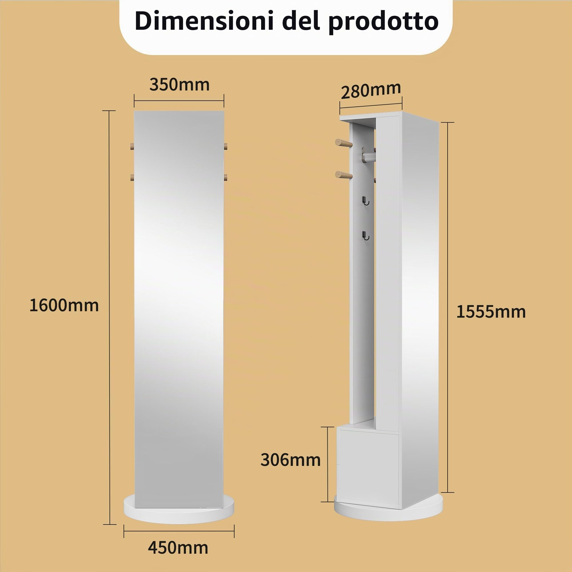 Specchio da pavimento, armadio con specchio 3 in 1 e guardaroba, con specchio girevole a 360, con 2 cassetti e 4 ganci, specchio per spogliatoio con vano portaoggetti (bianco)