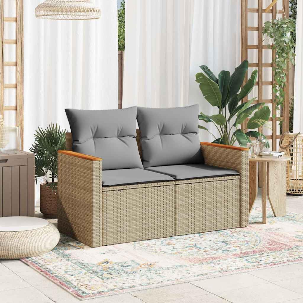 Divano da Giardino 2 Posti in Rattan PE Beige con Custodia | Panchina modulare con vano contenitore salvaspazio per terrazzo e giardino, dotata di morbidi cuscini sfoderabili.