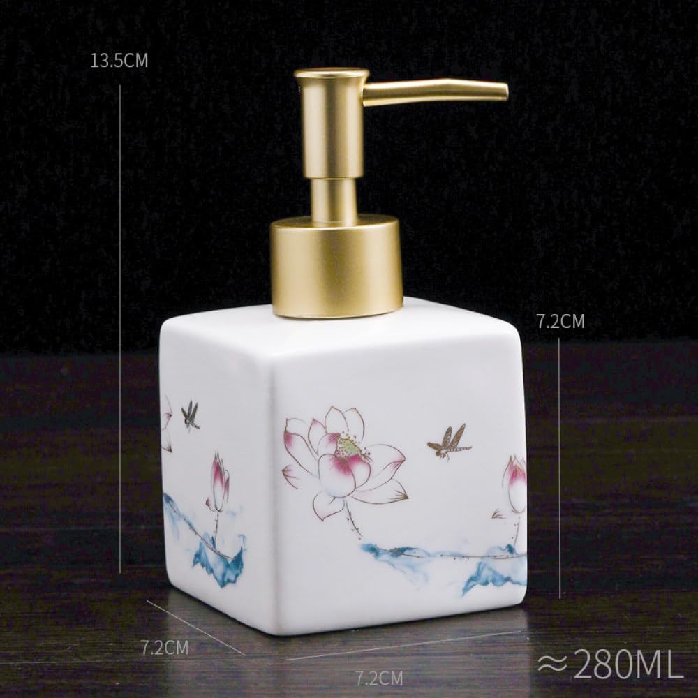 Vintage Ceramics Soap Dispenser, Chinese Lotus Dragonfly Hand Painted Aesthetic Bottle Ceramics Hand Soap Dispenser Lotion Bottle for Bathroom Kitchen,Small,