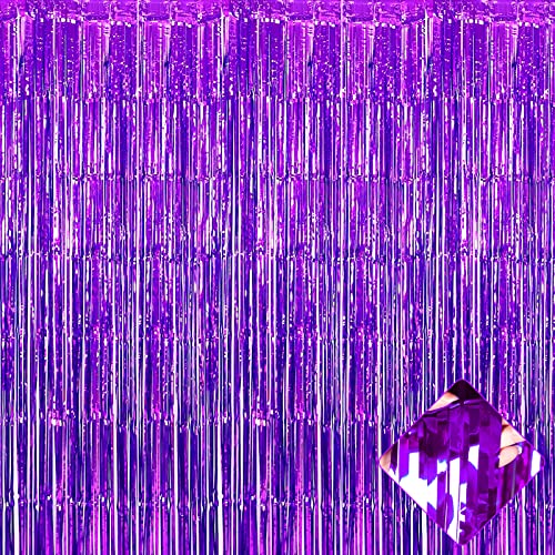 Image of 4 Pack 3.2Ft x 8.2Ft Purple Foil Fringe Curtain Backdrop, Metallic Tinsel Foil Fringe Streamers Curtains Background for Photo Booth, Birthday, Wedding, Halloween, Christmas Party Decoration