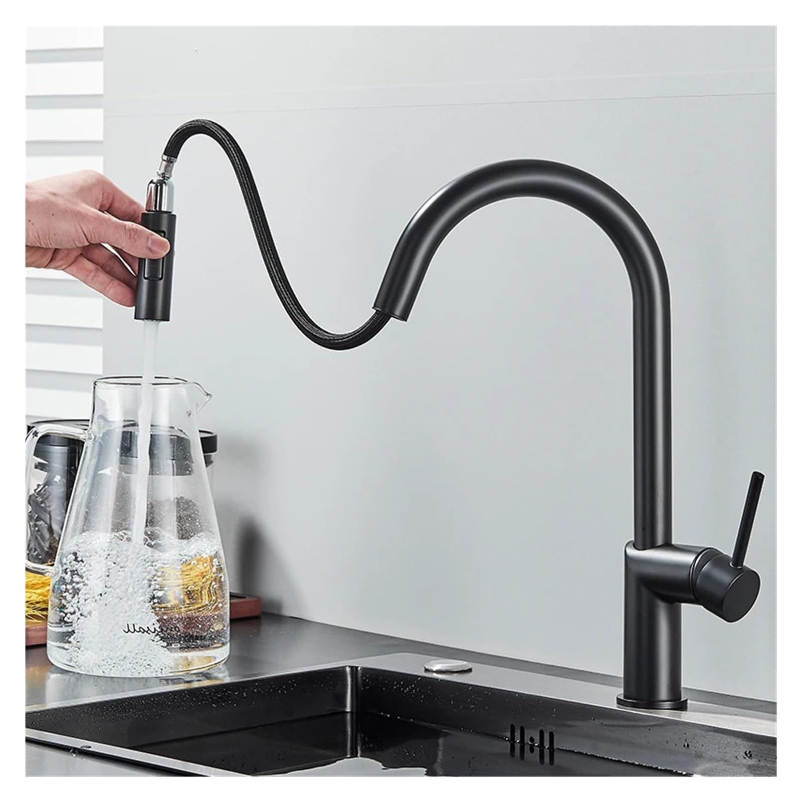 Rubinetto miscelatore acqua calda e fredda a due vie con getto estraibile nero opaco girevole a 360 gradi montato sul piano(Matte Black)
